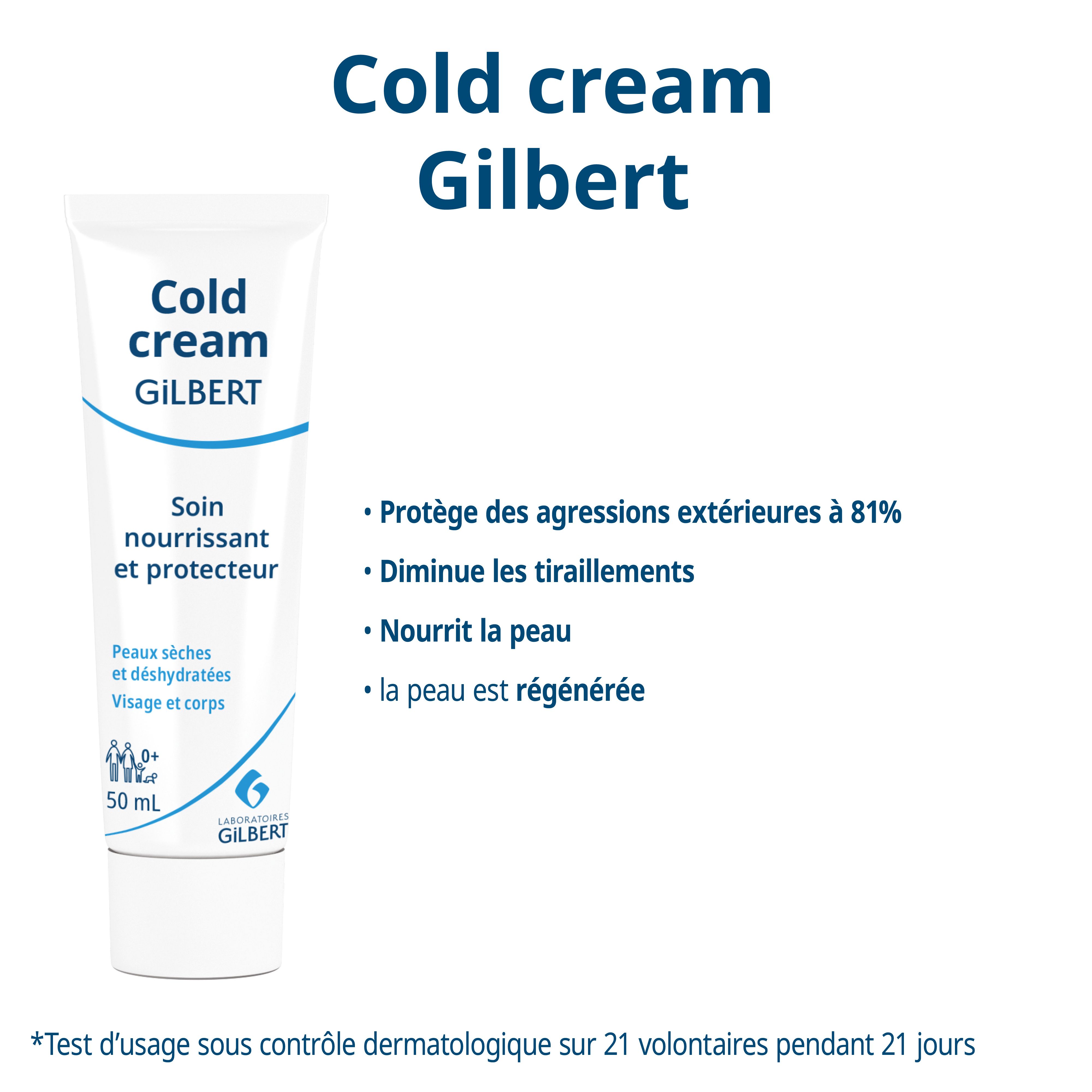 Cold cream GILBERT. Tube. Soin nourrissant et protecteur. Peaux sèches et déshydratées. 50 ml. Tests d'efficacité.
