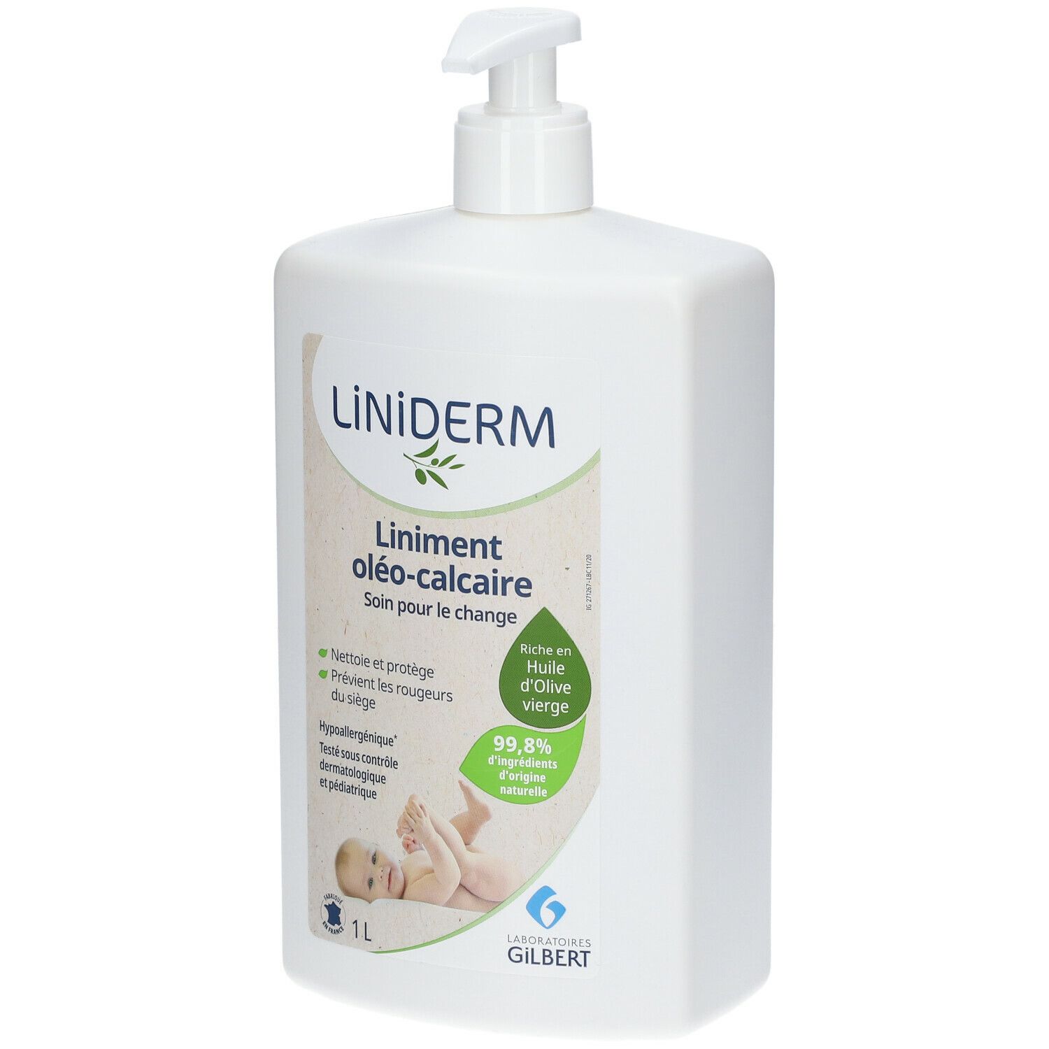 Flacon blanc avec pompe. Inscription: Liniderm oléo-calcaire. Contient de l'huile d'olive. 1L.