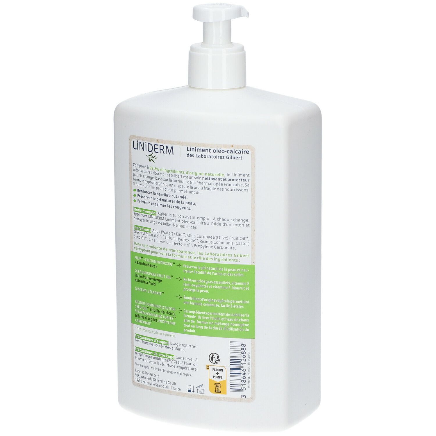 Flacon blanc avec pompe. Inscription: Liniderm oléo-calcaire. Dos avec informations. 1L.