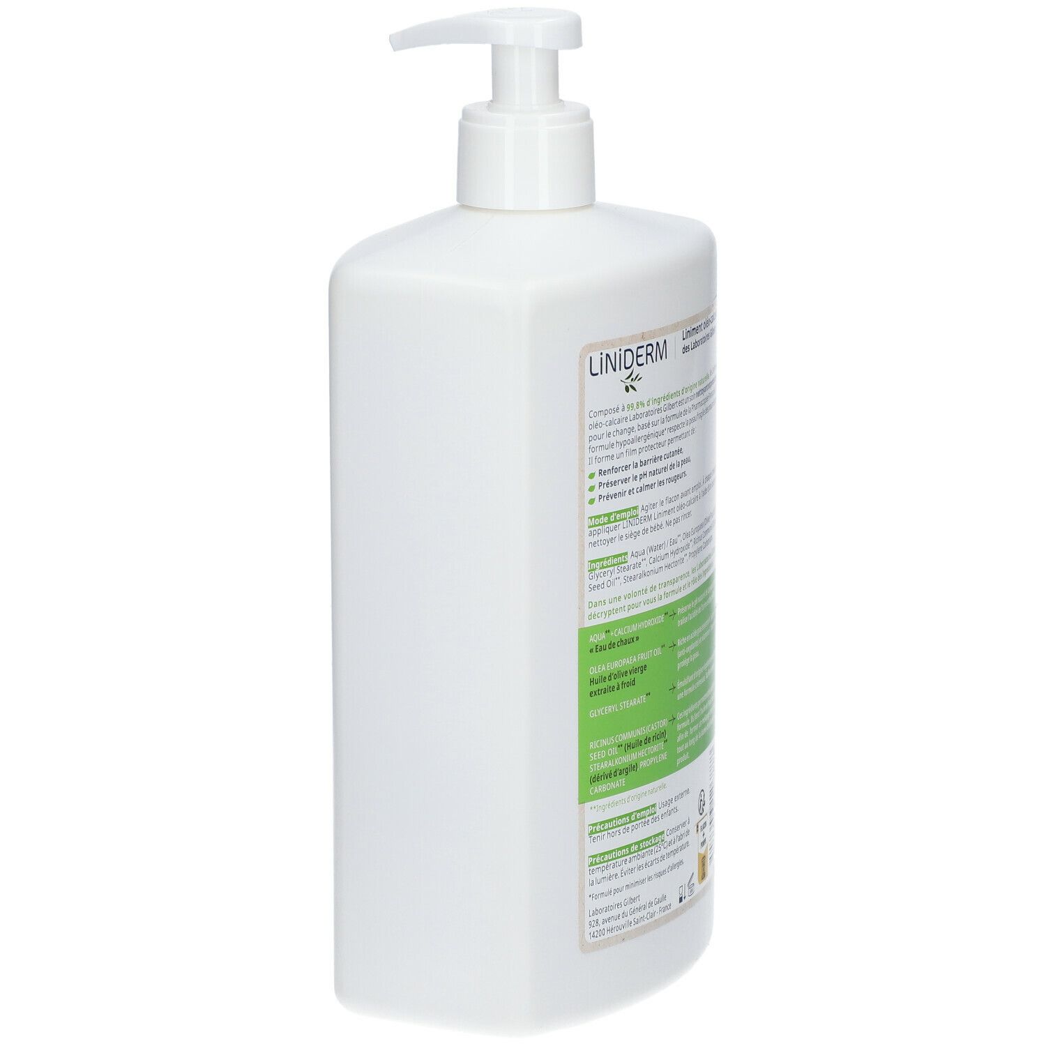 Flacon blanc avec pompe. Inscription: Liniderm oléo-calcaire. Dos avec informations. 1L.
