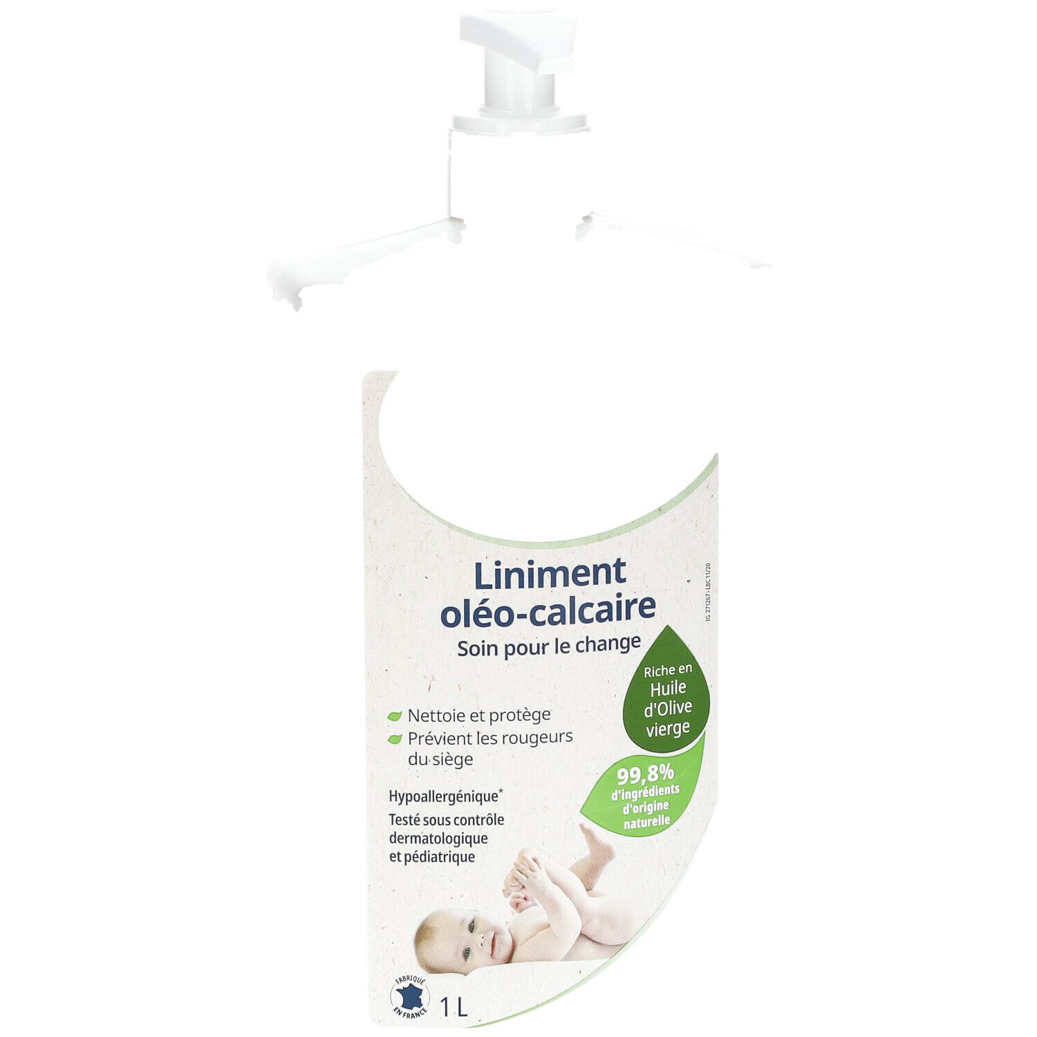 Flacon blanc avec pompe. Inscription: Liniment oléo-calcaire. Contient de l'huile d'olive. 1L.
