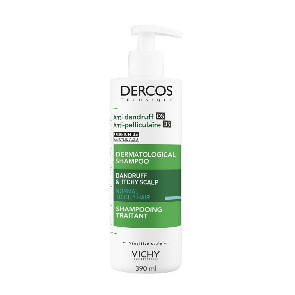 Flacon blanc avec pompe. Shampooing antipelliculaire Dercos. 390 ml.