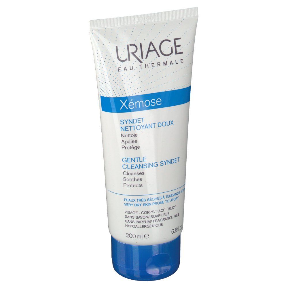 Tube blanc et bleu. Texte: Uriage, Xémose, Syndet Nettoyant Doux, Gentle Cleansing Syndet. Pour peaux sèches.