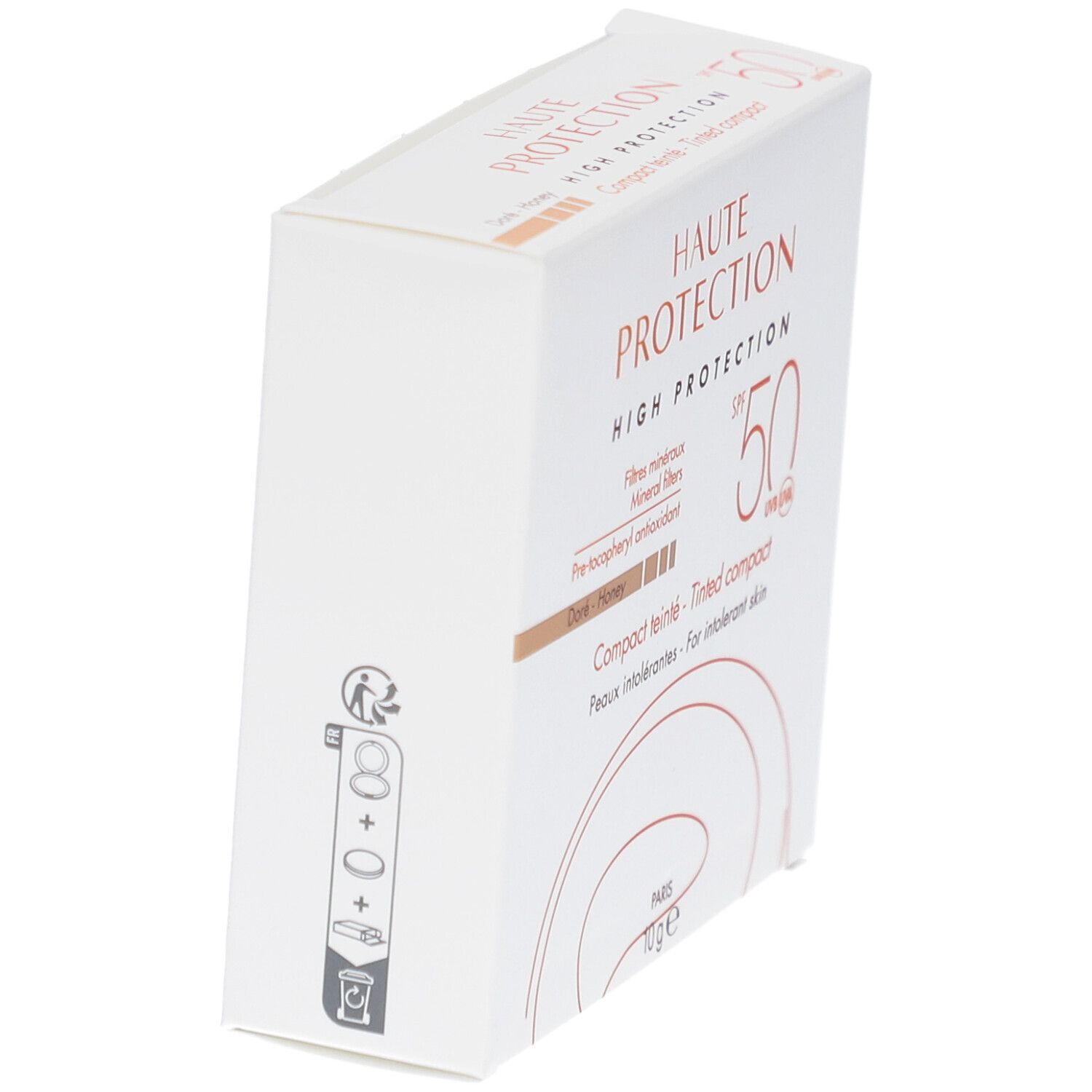 Boîte blanche avec informations produit. Texte: Haute Protection, SPF 50, Compact teinté, Doré-Honey. 10g.