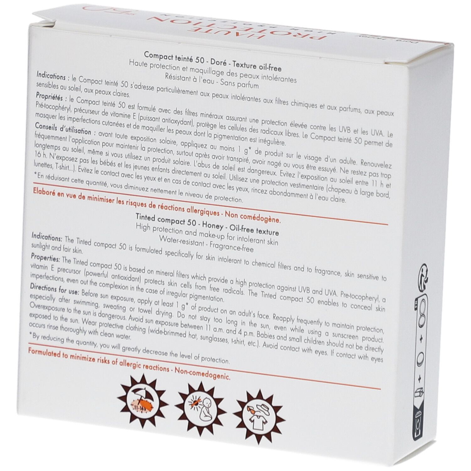 Boîte blanche, vue latérale. Texte: Haute Protection, SPF 50, Compact teinté, Doré-Honey. 10g. Pictogrammes.