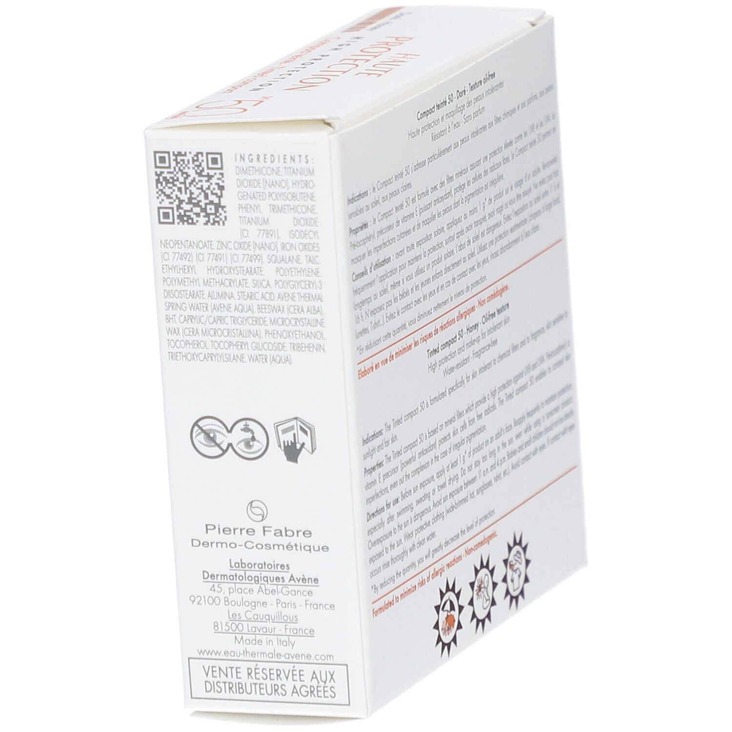 Dos de la boîte blanche. Texte: Compact teinté 50, Doré-Honey. Ingrédients, conseils d'utilisation, avertissements.