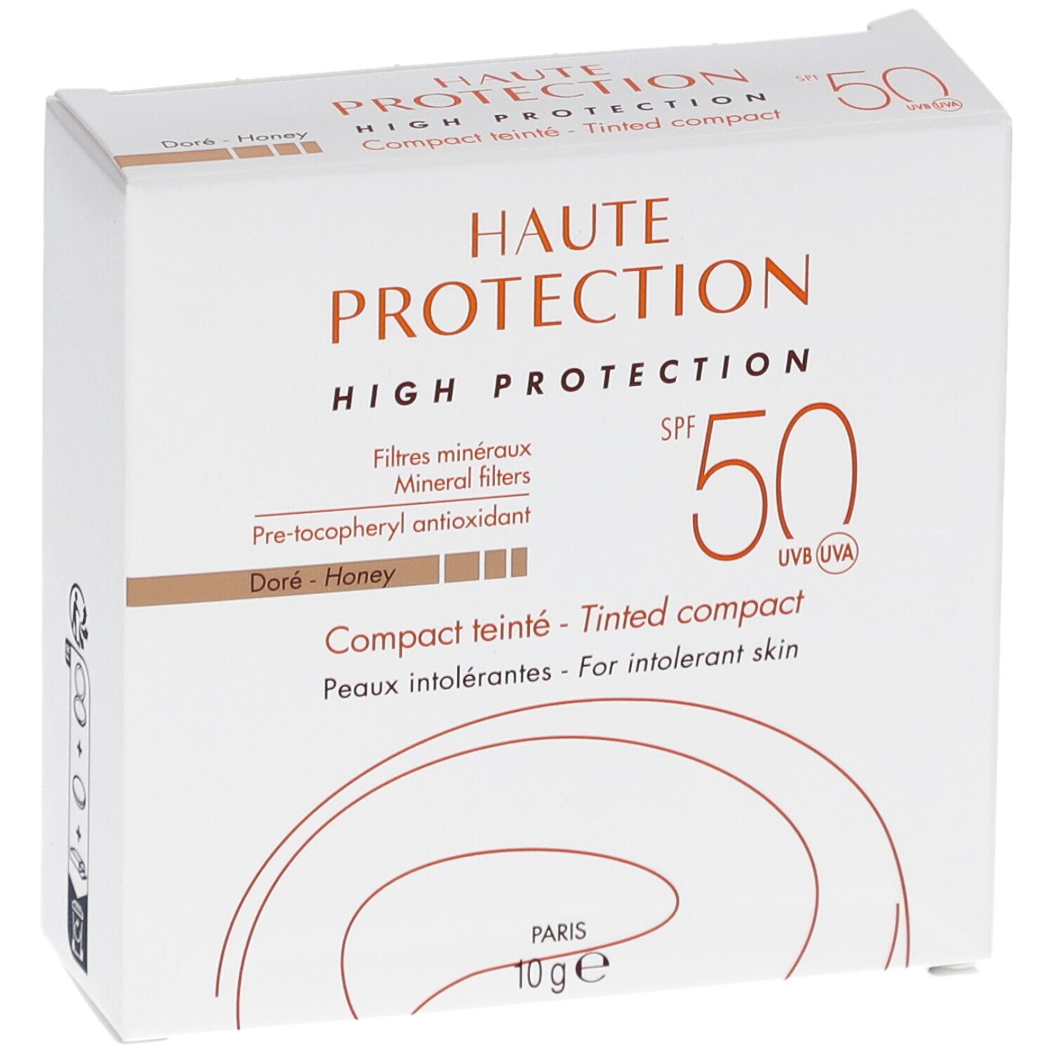 Boîte blanche avec informations produit. Texte: Haute Protection, SPF 50, Compact teinté, Doré-Honey. 10g.