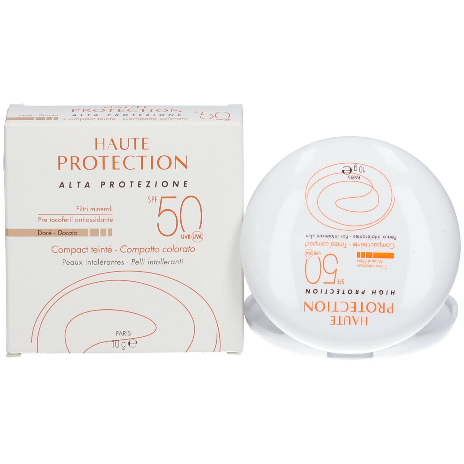 Boîte blanche avec informations produit. Texte: Haute Protection, SPF 50, Compact teinté, Doré-Honey. 10g.