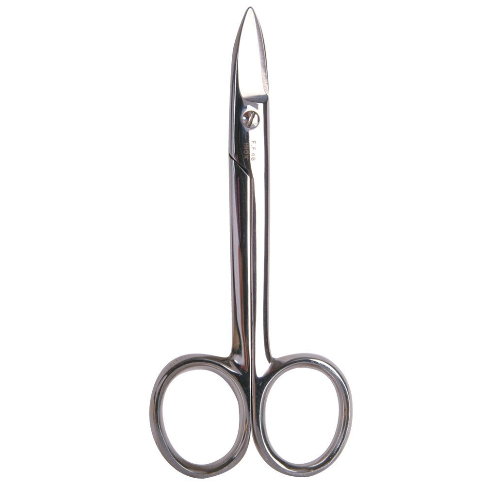 Ciseaux à ongles en métal, poignées arrondies, pointe effilée.
