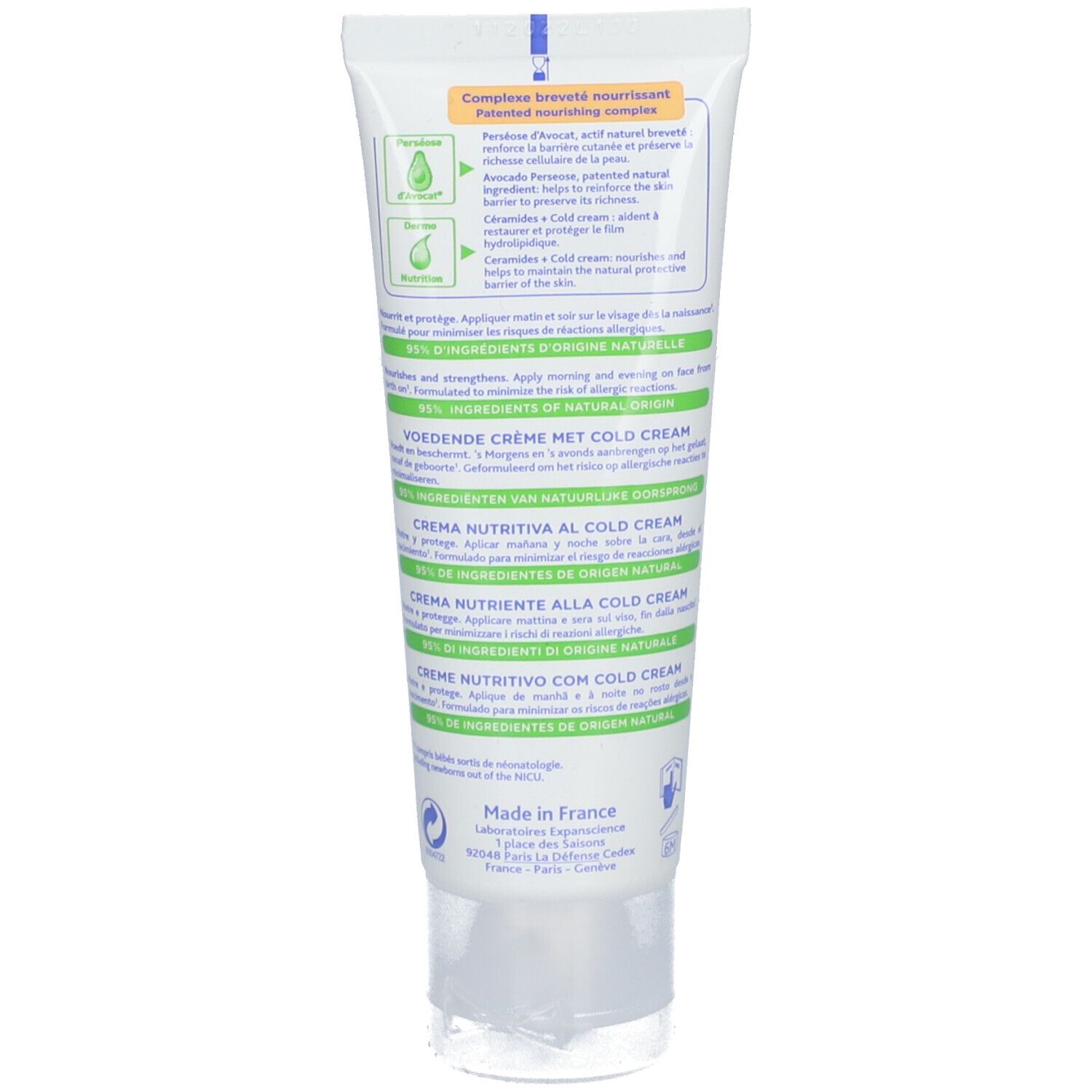 Dos d'un tube de crème. Texte: Voedende Crème Met Cold Cream, ingrédients, Made in France.