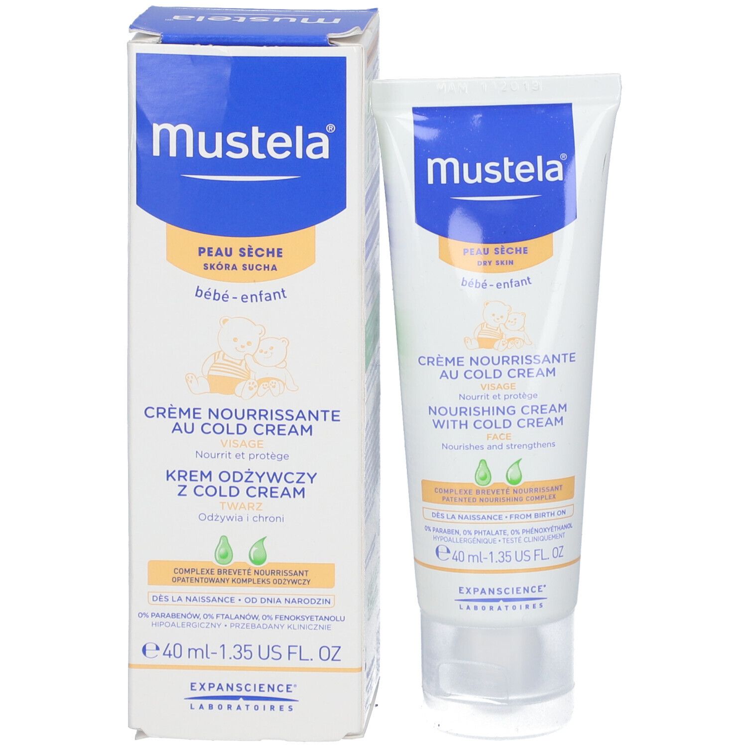 Emballage du produit avec tube de crème. Texte: Mustela, Peau Seche, Bébé-enfant, Crème Nourrissante, 40 ml.