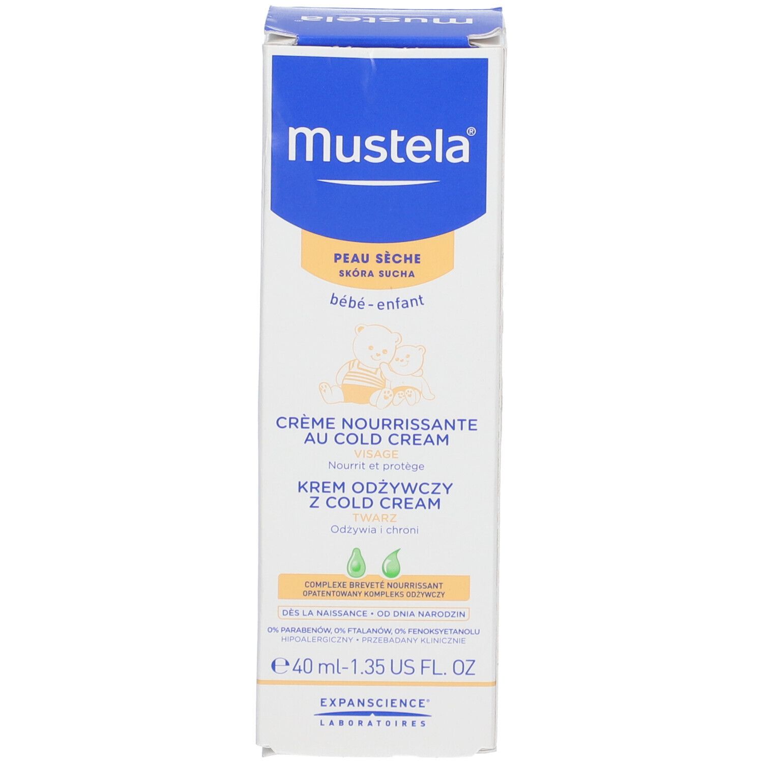 Emballage du produit. Texte: Mustela, Peau Seche, Bébé-enfant, Crème Nourrissante, 40 ml.