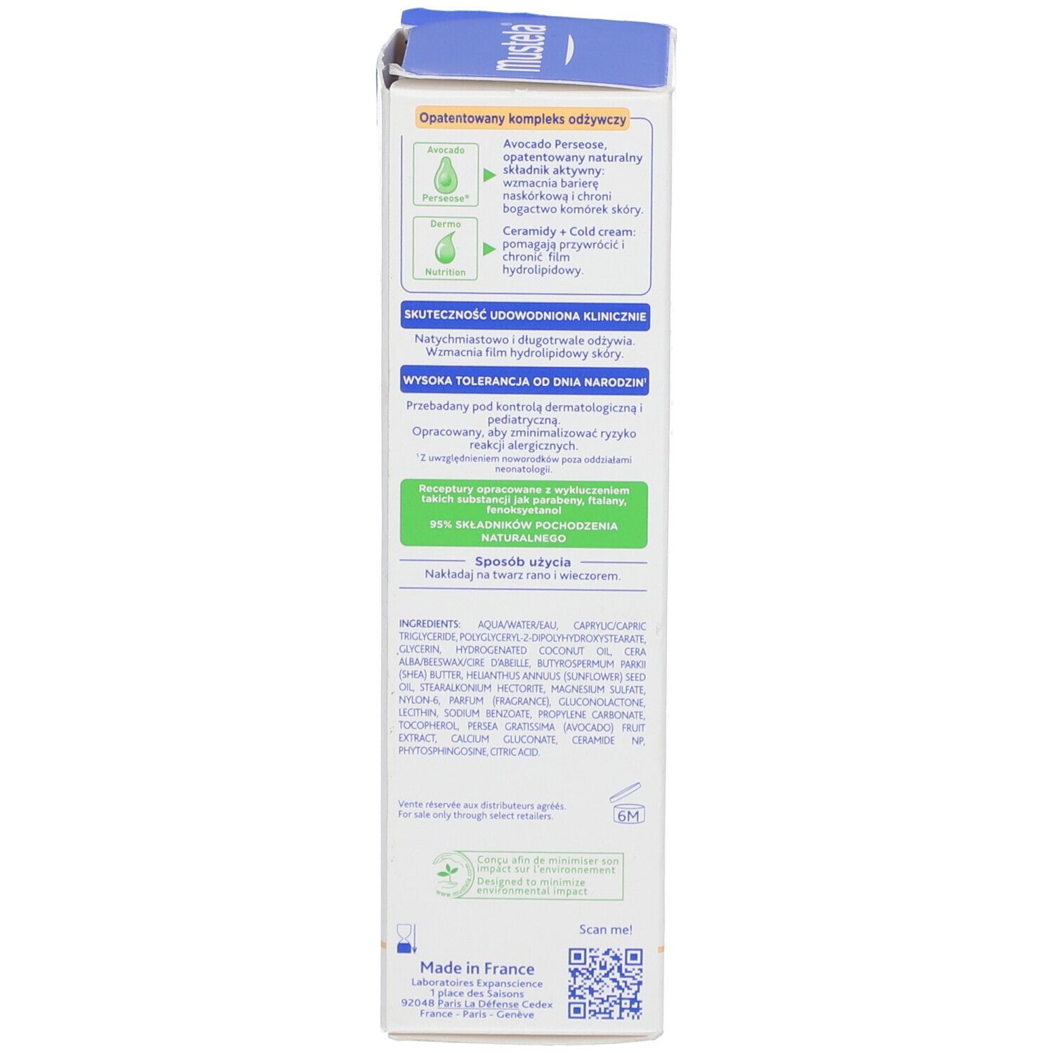 Côté de l'emballage du produit. Texte: Ingrédients, Made in France, code QR.