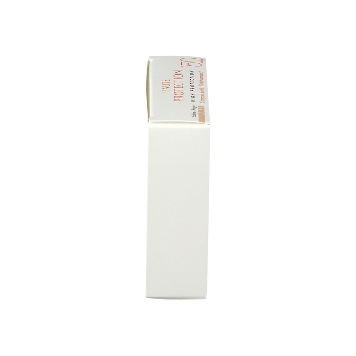 Côté de l'emballage. Inscription: HAUTE PROTECTION, SPF 50, Sable/Beige, Compact teinté.