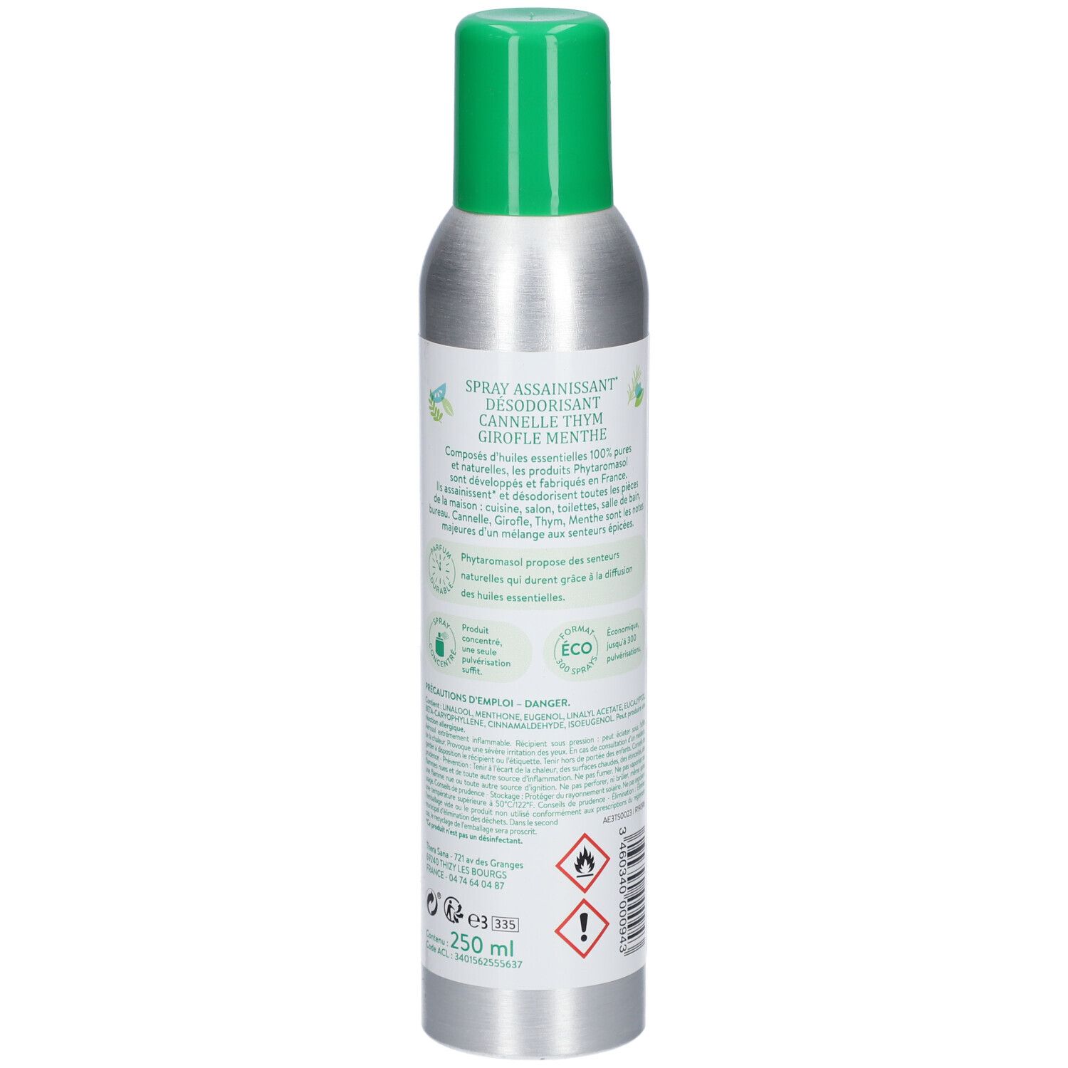 Dos du spray Phytaromasol. Ingrédients : Cannelle, Thym, Girofle, Menthe. Contient 250 ml et des symboles de sécurité.