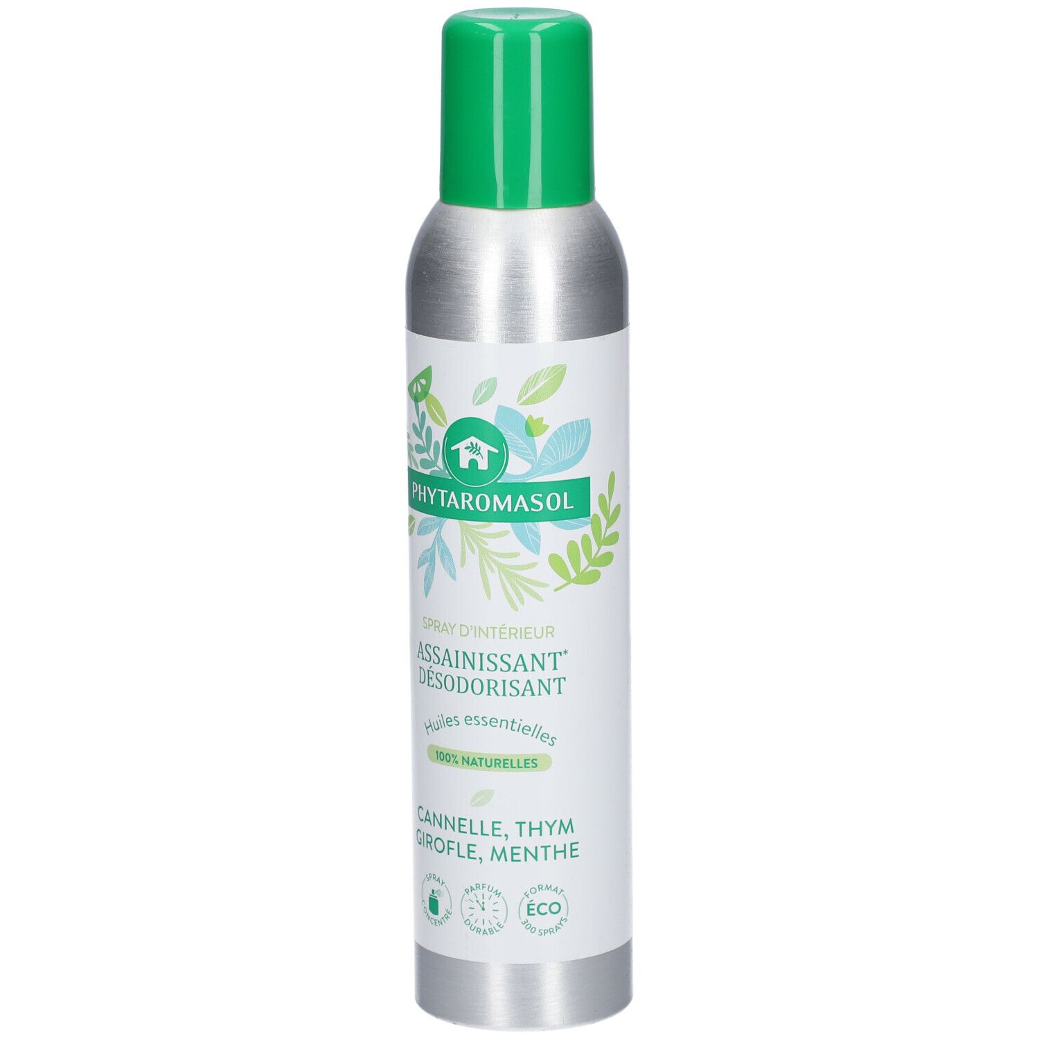 Spray d'intérieur Phytaromasol. Flacon en aluminium avec bouchon vert. Ingrédients : Cannelle, Thym, Girofle, Menthe. 100% naturel.