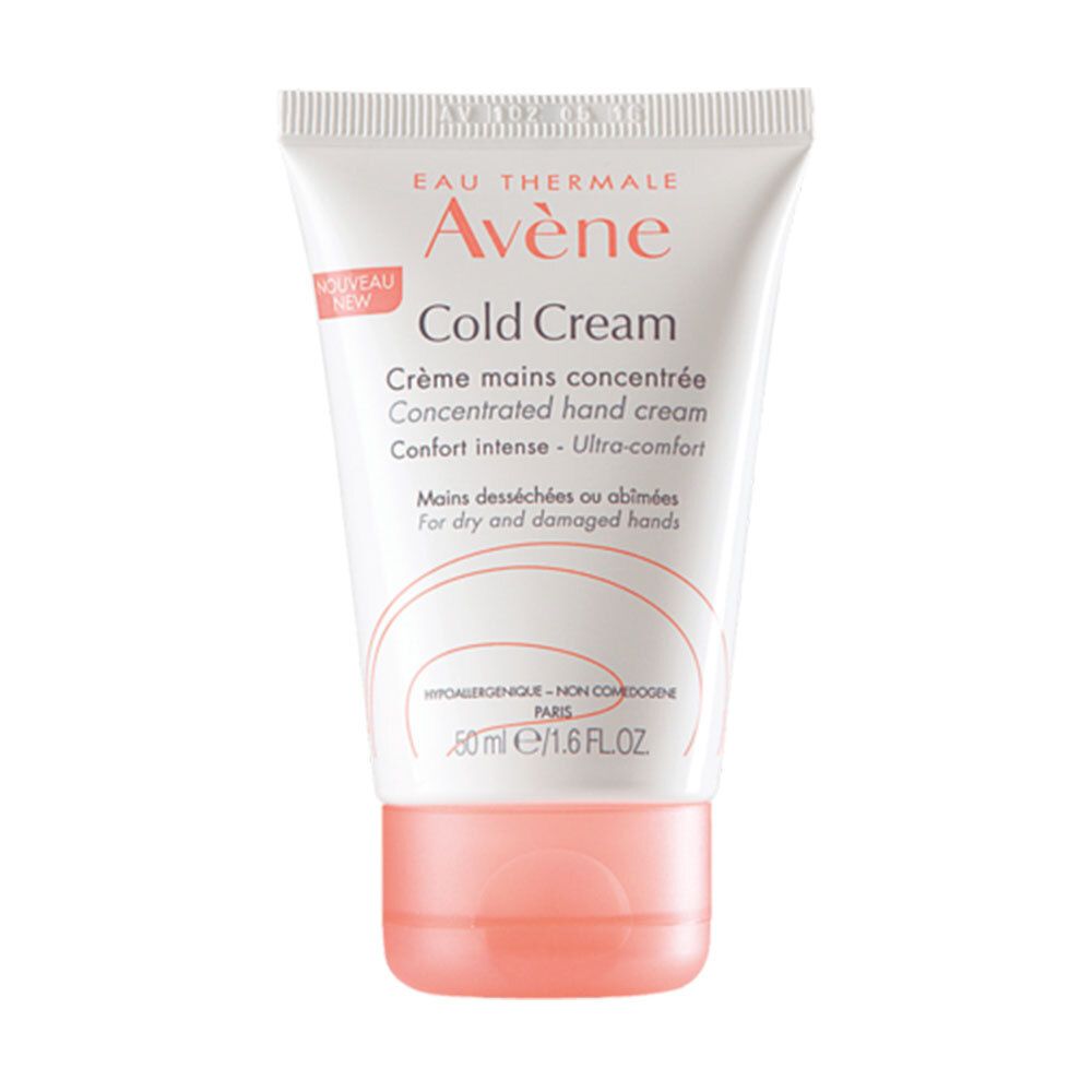 Tube blanc et bouchon rose. Inscription: Eau Thermale Avène, Cold Cream, Crème mains concentrée. Pour mains sèches.
