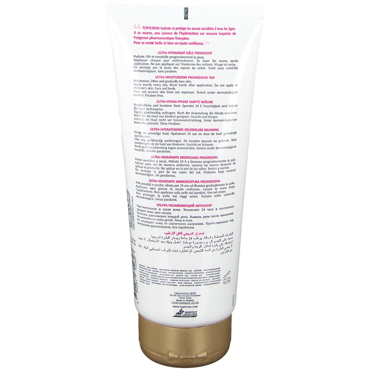 Dos du tube. Texte multilingue. Bouchon doré. Produit: TOPICREM Ultra-hydratant Hâle progressif.