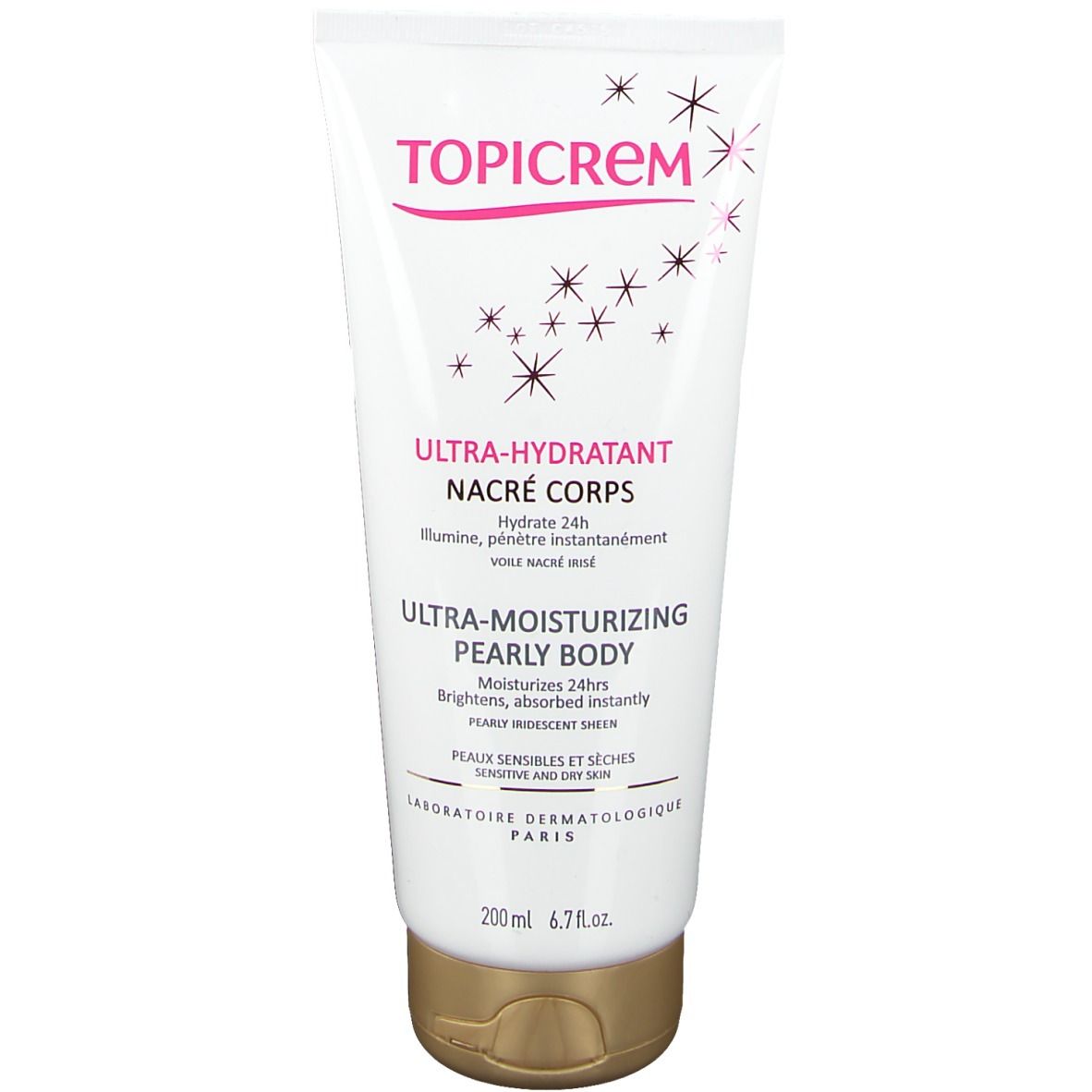 Tube blanc avec impression rose. Logo TOPICREM, nom du produit et texte. Bouchon doré. "Ultra-Hydratant Nacré Corps".