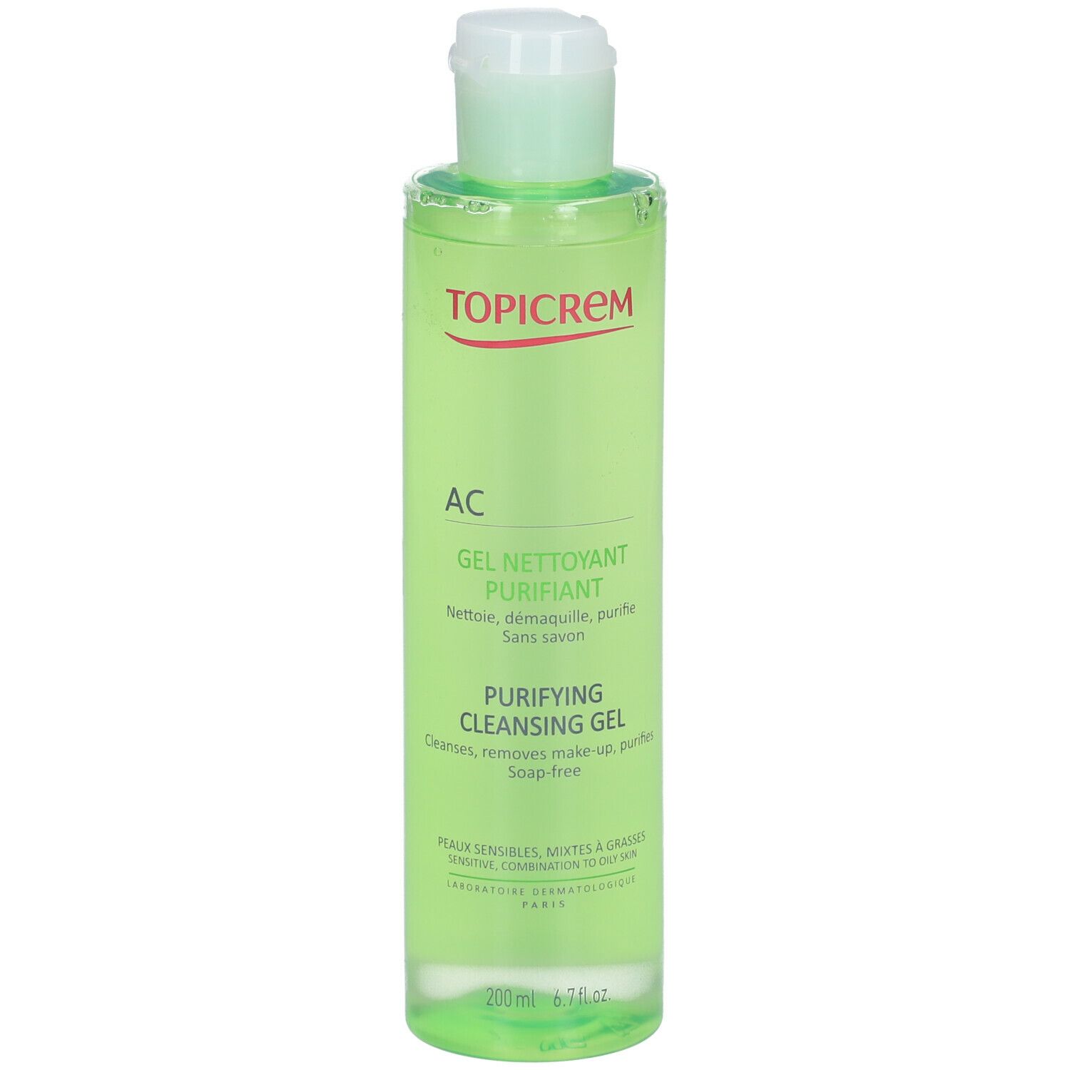 TOPICREM AC Gel Nettoyant Purifiant. Flacon vert avec bouchon blanc. Nom du produit et texte sur l'étiquette.