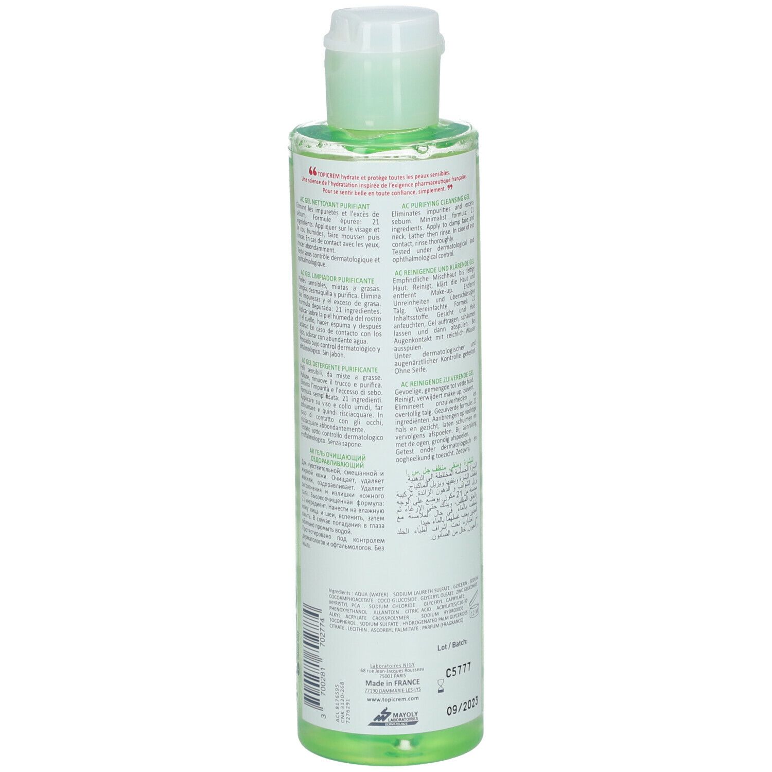 TOPICREM AC Gel Nettoyant Purifiant. Dos du flacon vert. Étiquette avec texte. Bouchon blanc.