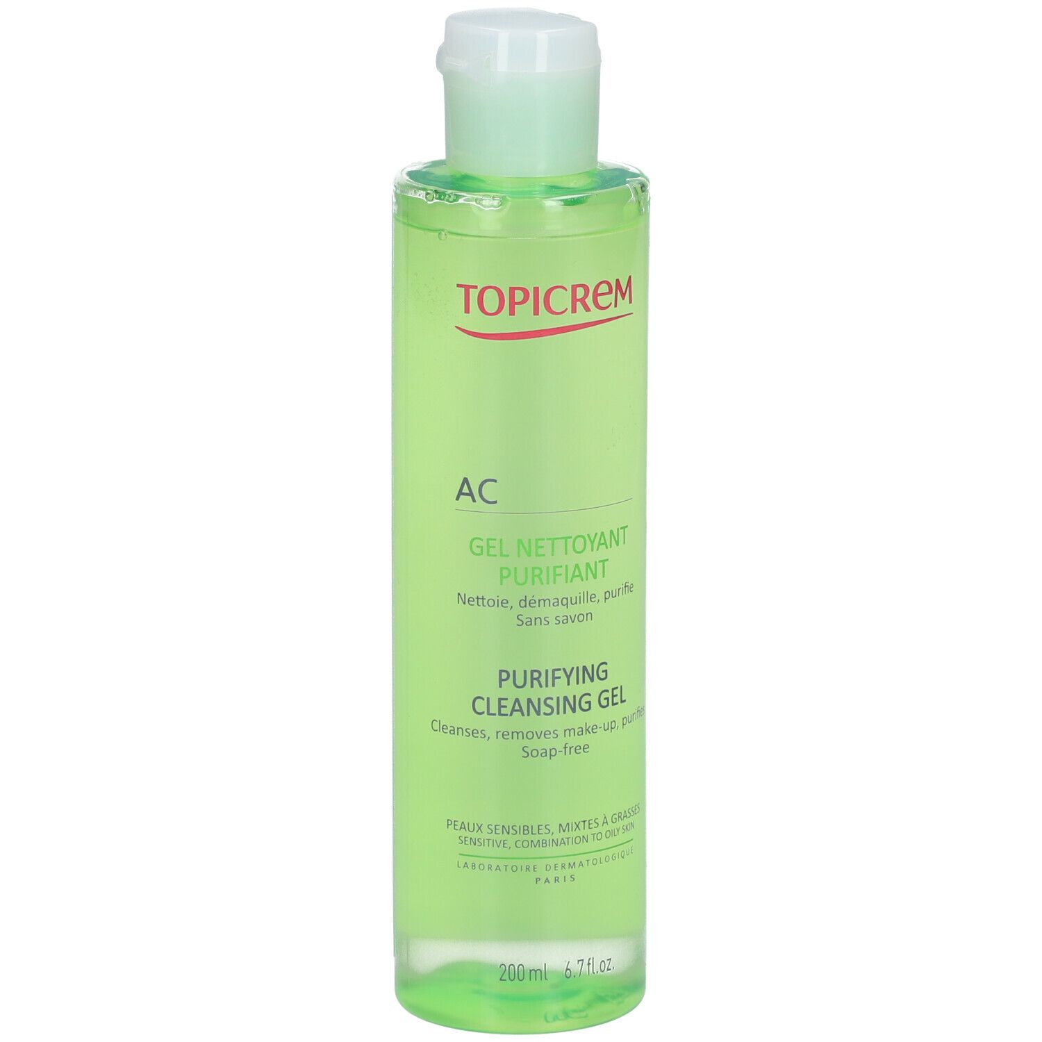 TOPICREM AC Gel Nettoyant Purifiant. Flacon vert avec bouchon blanc. Nom du produit et texte sur l'étiquette.