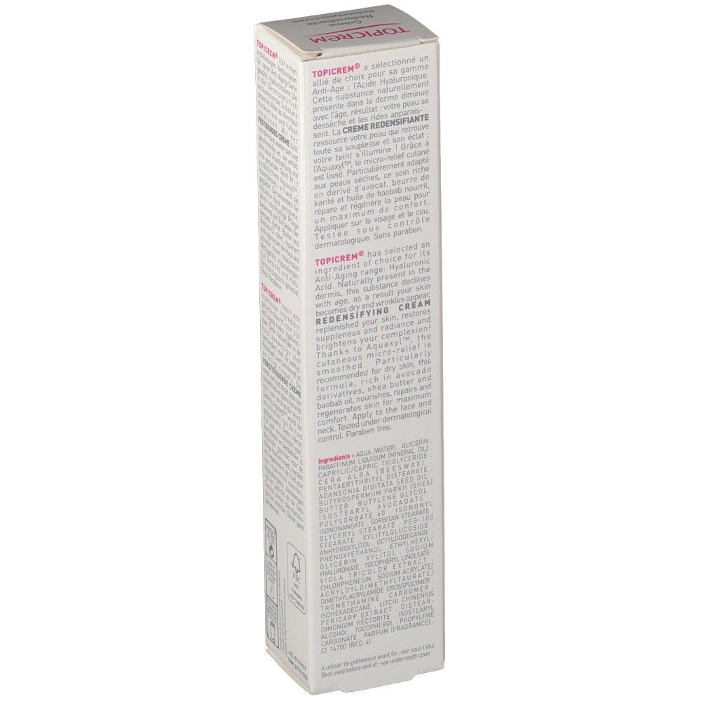 Topicrem Crème Redensifiante. Boîte blanche avec texte. Ingrédients et texte.