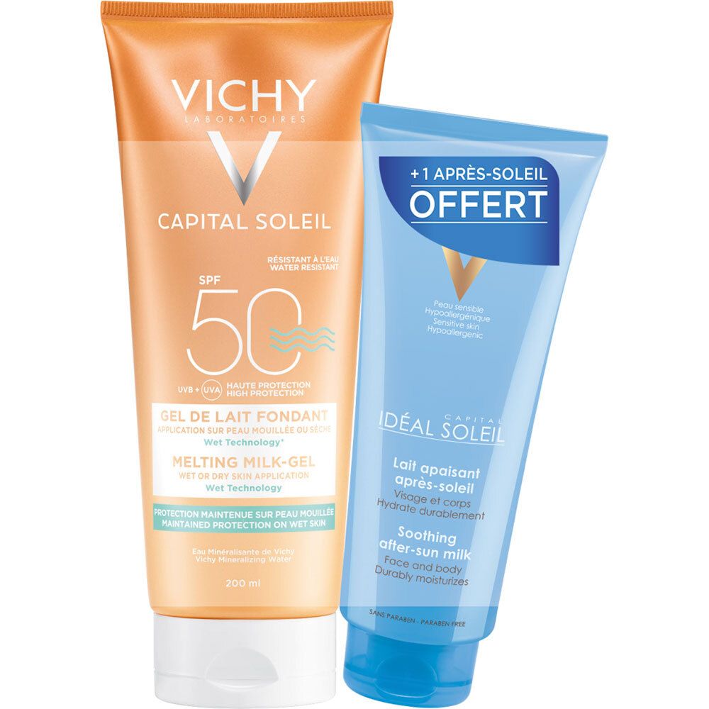 Deux tubes VICHY Capital Soleil et lait après-soleil. Tube orange avec SPF 50. Tube bleu avec "+1 APRÈS-SOLEIL OFFERT".
