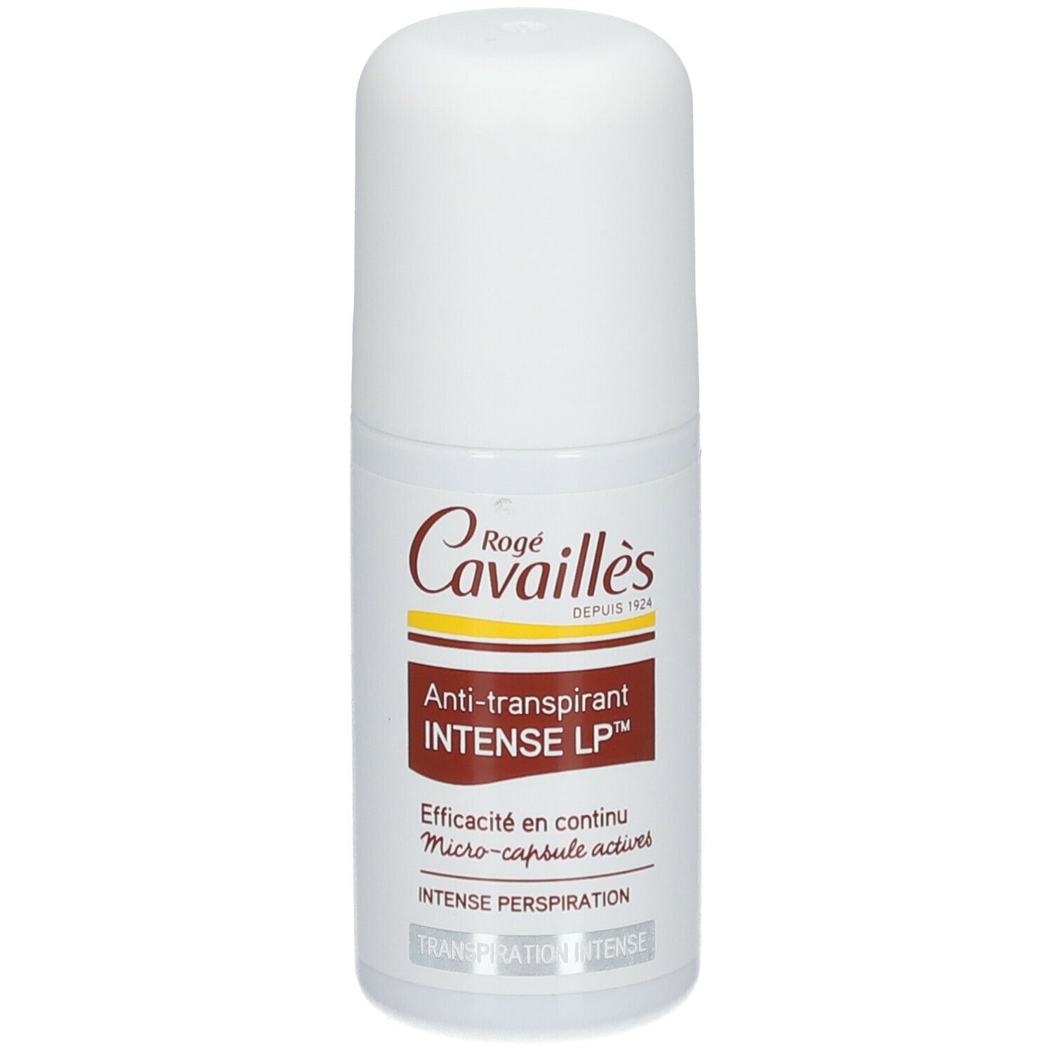 Roll-on blanc Rogé Cavaillès. Étiquette marron avec texte: Anti-transpirant INTENSE LP.