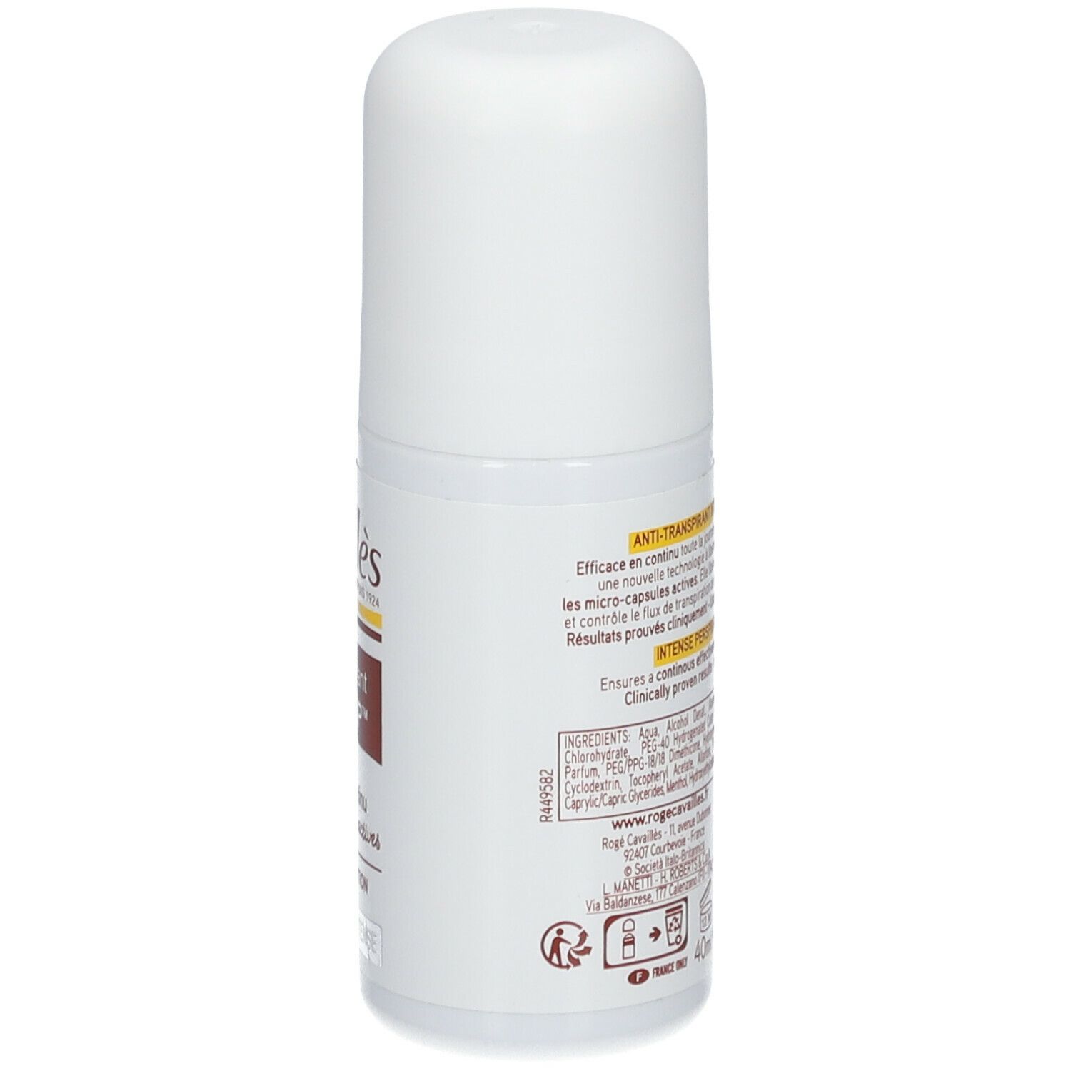 Roll-on blanc Rogé Cavaillès. Dos avec texte, ingrédients et logo.