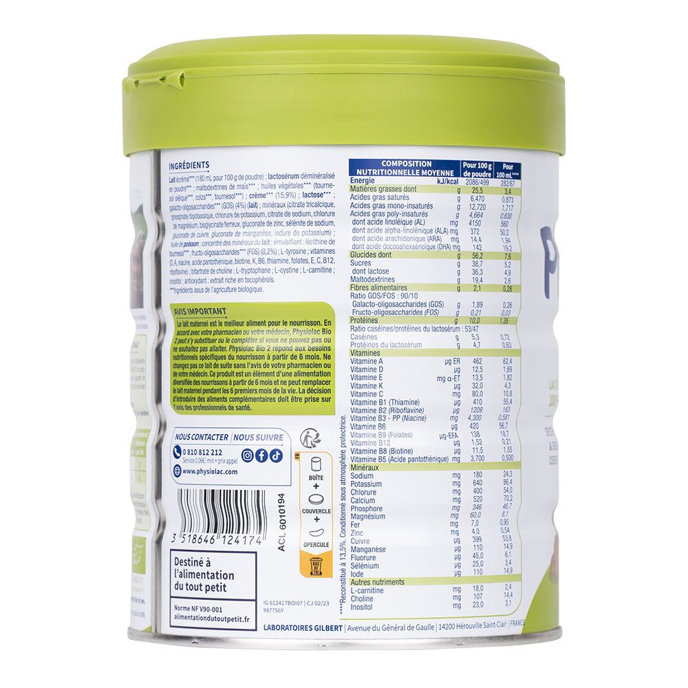 Dos de la boîte Physiolac Bio 2. Tableau nutritionnel et ingrédients. Certifié AB et informations fabricant.