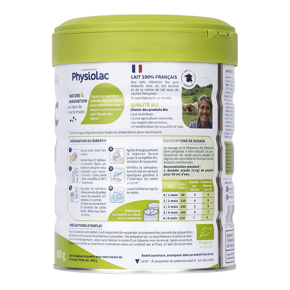 Dos de la boîte de Physiolac Bio 1. Texte: Préparation, dosage, ingrédients. Certification AB. Fabriqué en France.