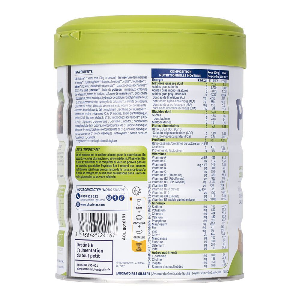 Dos de la boîte de Physiolac Bio 1. Texte: Ingrédients, tableau nutritionnel. Certification AB. Fabriqué en France.