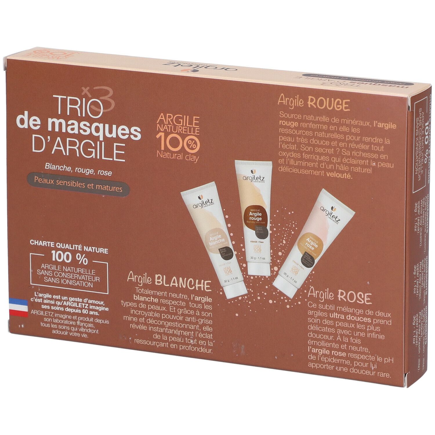 Argiletz TRIO masques d'Argile (blanche, rouge, rose)