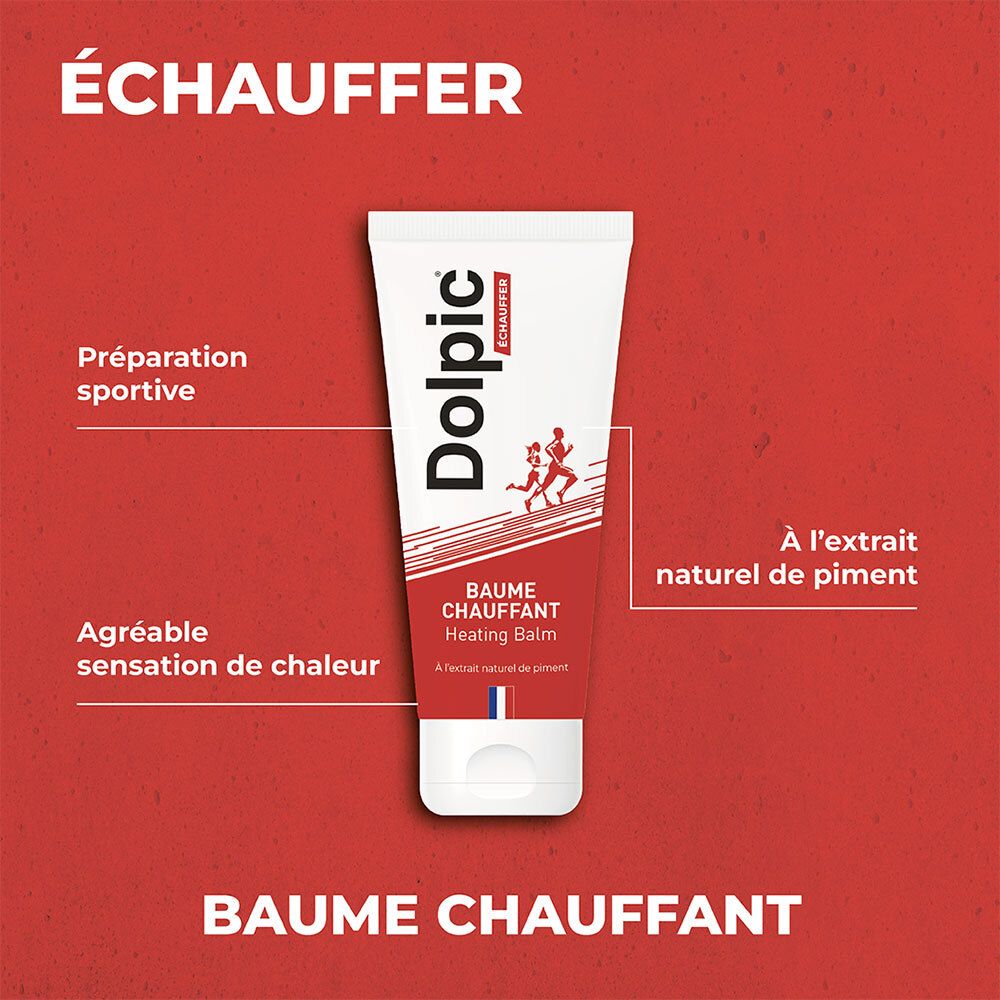 Tube de produit sur fond rouge. Texte: "Échauffer", "Baume Chauffant". Texte additionnel: "Préparation sportive", "À l'extrait naturel de piment".
