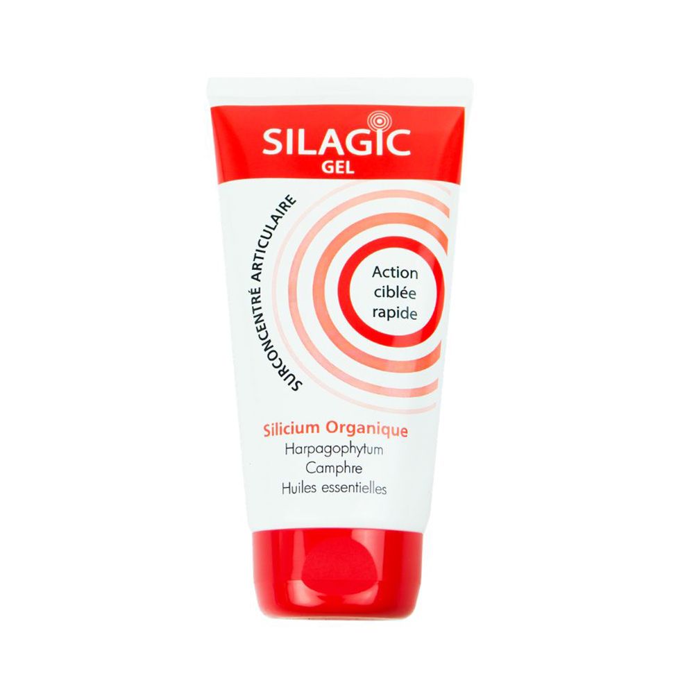 Tube de Silagic Gel Articulaire Chauffant, blanc et rouge.