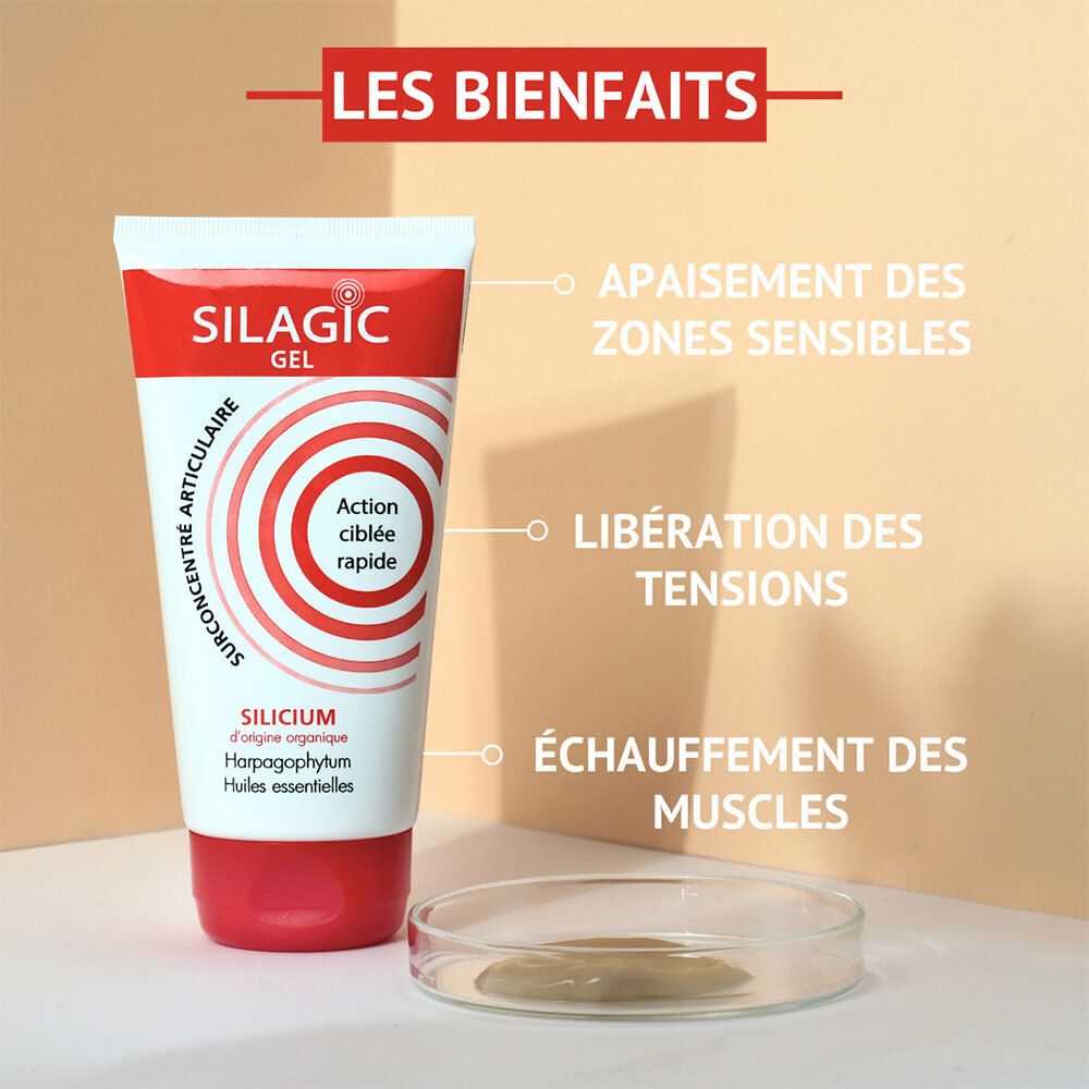 Tube de Silagic Gel Articulaire Chauffant à côté d'une boîte de Pétri.