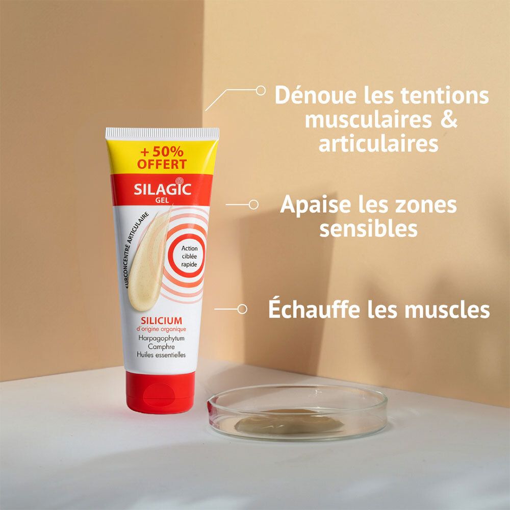 Tube de Silagic Gel à côté d'une boîte de Pétri contenant du gel. Le texte souligne la relaxation musculaire.