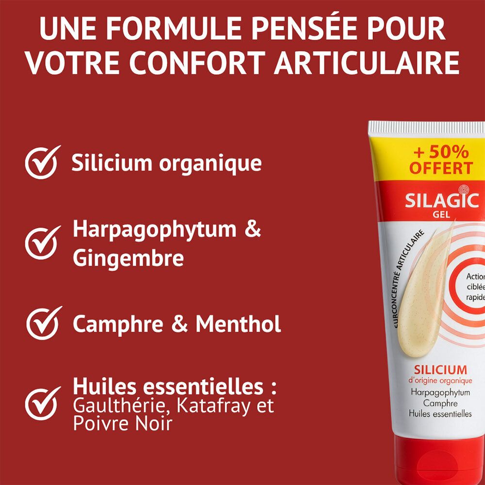 Tube de Silagic Gel avec liste d'ingrédients tels que le silicium et les huiles essentielles.