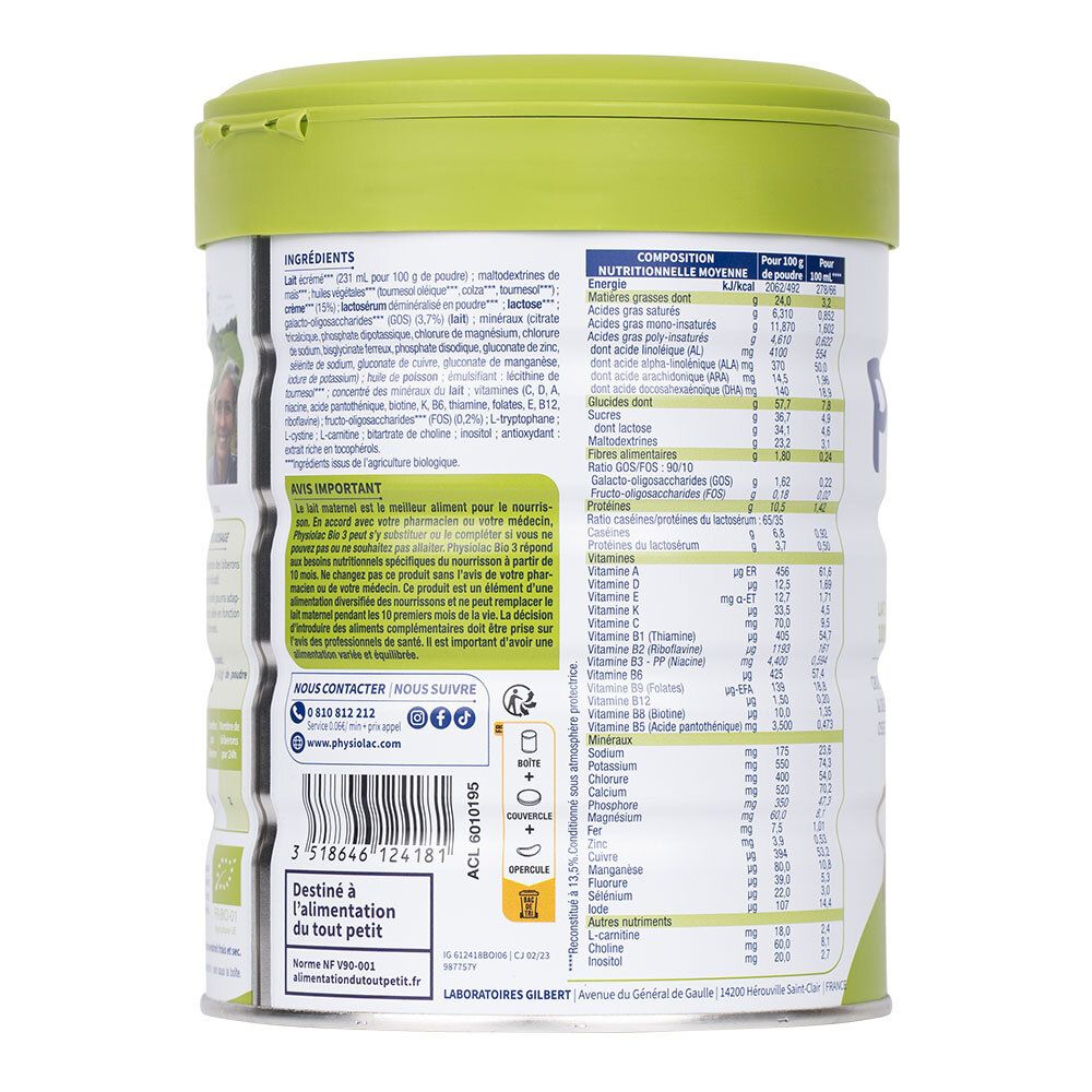 Dos du lait infantile Physiolac Bio. Liste des ingrédients et informations nutritionnelles. Informations.