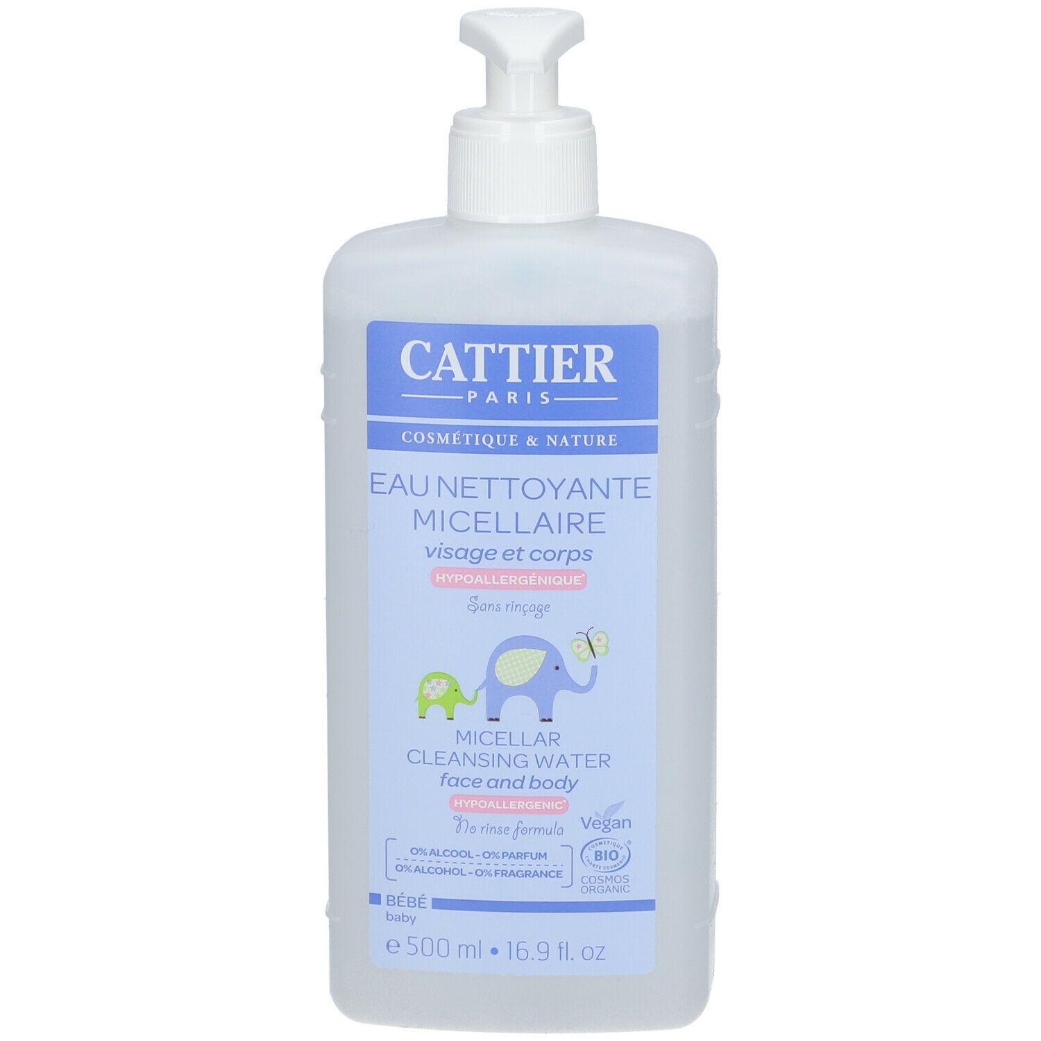 Flacon avec pompe. Inscription: Cattier Paris, Eau Nettoyante Micellaire, visage et corps. Illustrations: éléphant et papillon.