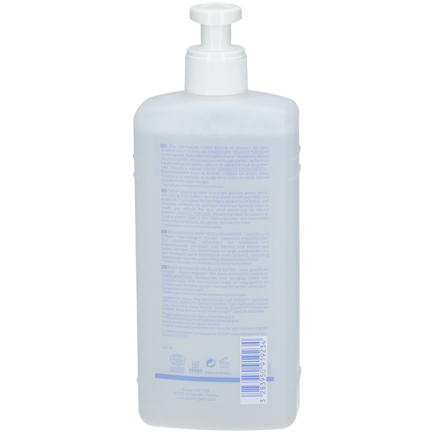 Dos d'un flacon avec pompe. Texte en français. Code-barres et label bio.