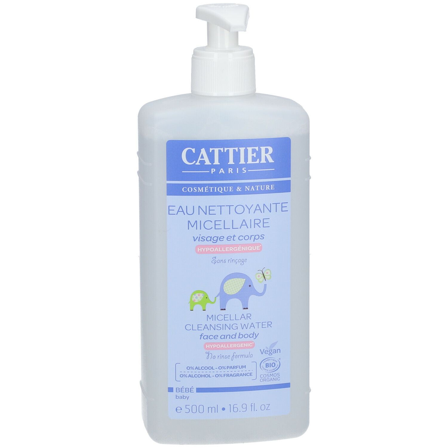 Flacon avec pompe. Inscription: Cattier Paris, Eau Nettoyante Micellaire, visage et corps. Illustrations: éléphant et papillon.