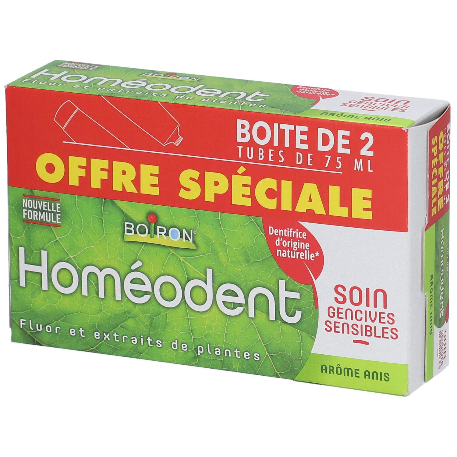 Boîte de dentifrice verte et rouge, avec nom du produit et inscription 'Offre Spéciale'.