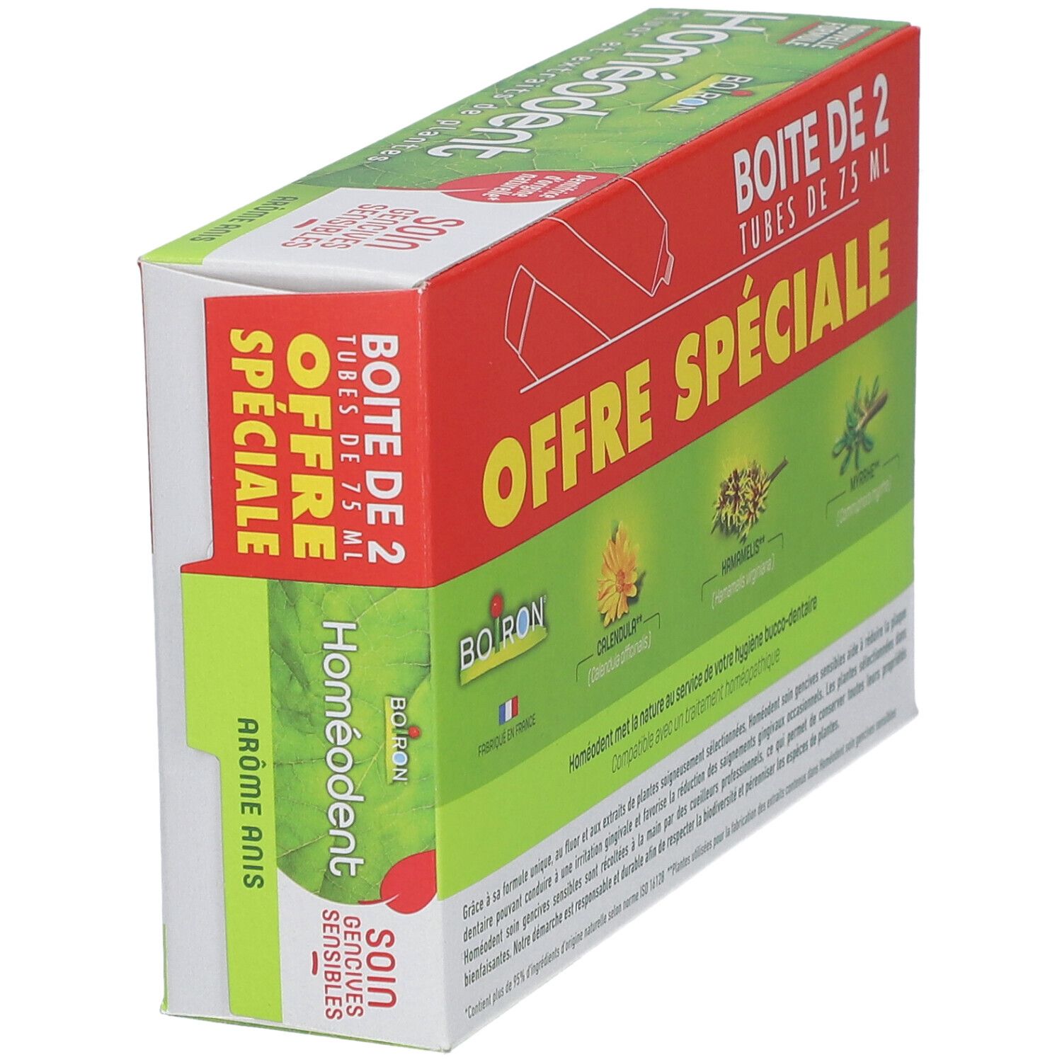 Boîte de dentifrice verte et rouge, avec nom du produit et 'Offre Spéciale', en biais.