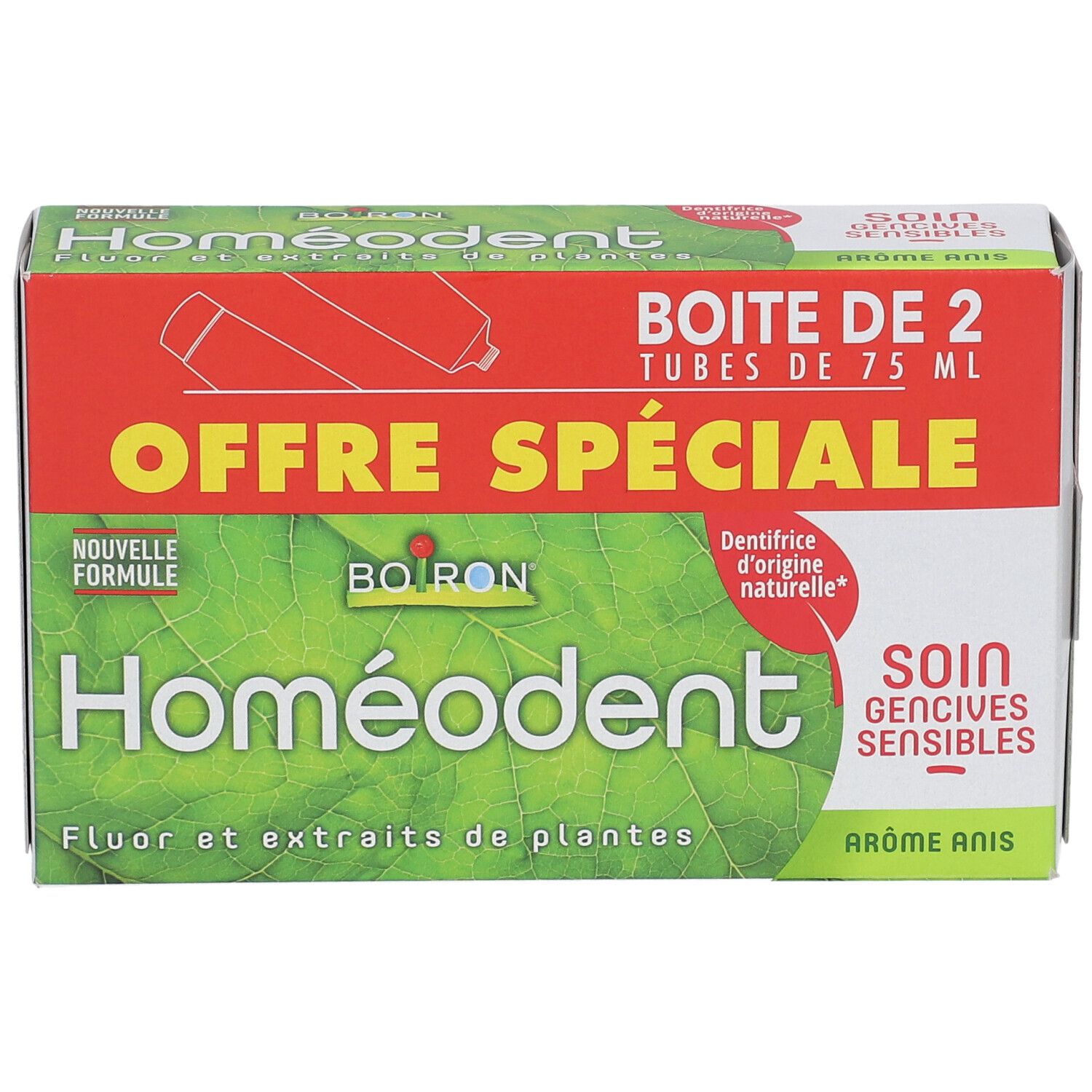 Boîte de dentifrice verte et rouge, avec nom du produit et inscription 'Offre Spéciale'.