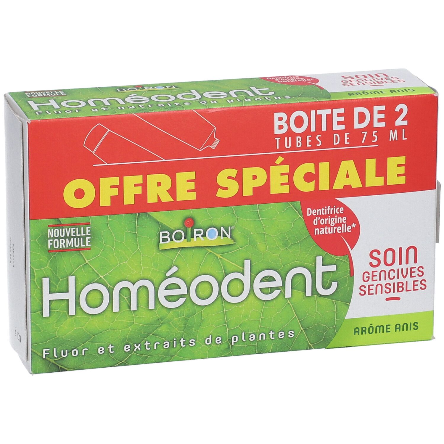 Boîte de dentifrice verte et rouge, avec nom du produit et inscription 'Offre Spéciale'.