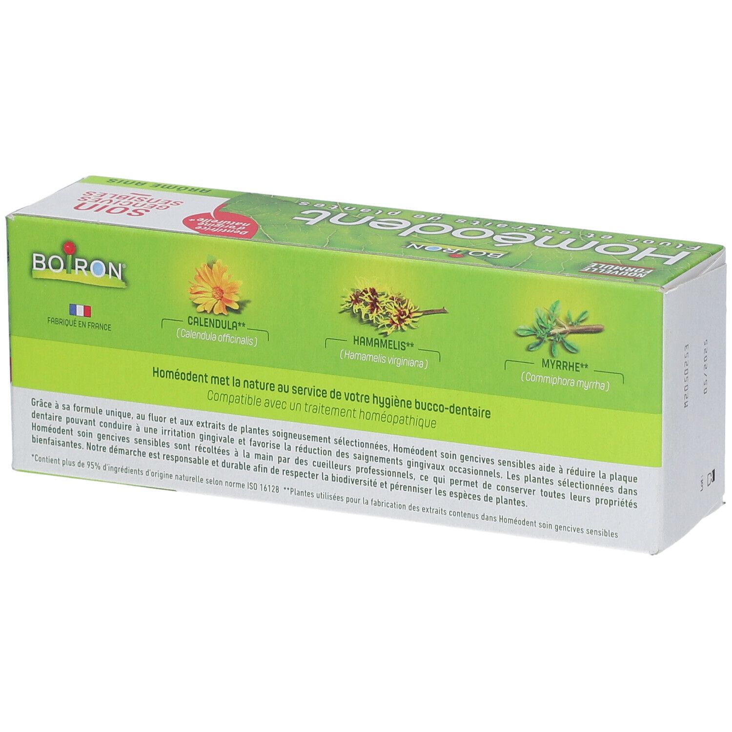 Boîte de dentifrice Homeodent. Verso avec ingrédients et logo. Inscription 'Homeodent' et 'Boiron'.