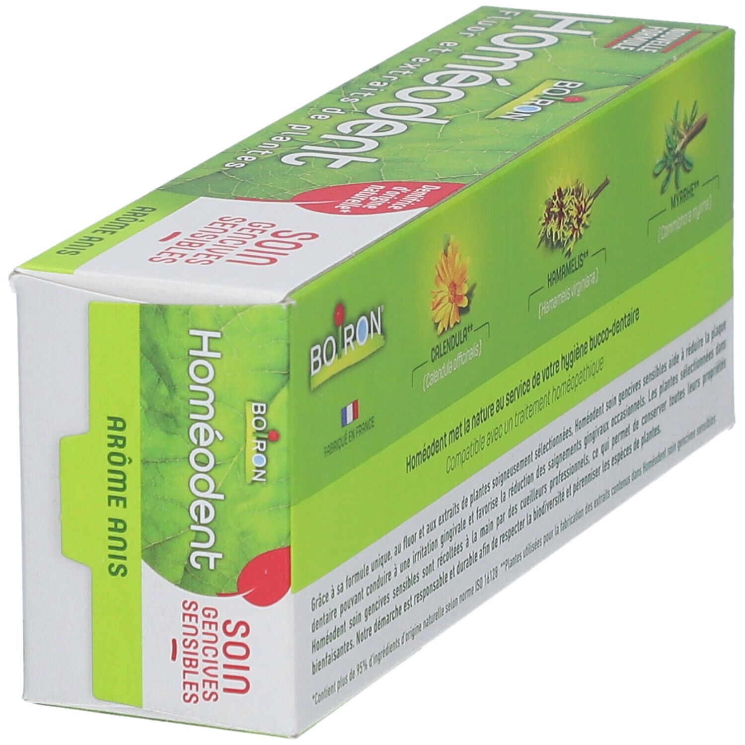 Boîte de dentifrice Homeodent. Vue oblique. Vert avec logo Boiron. Inscription 'Fluor et extraits de plantes'.