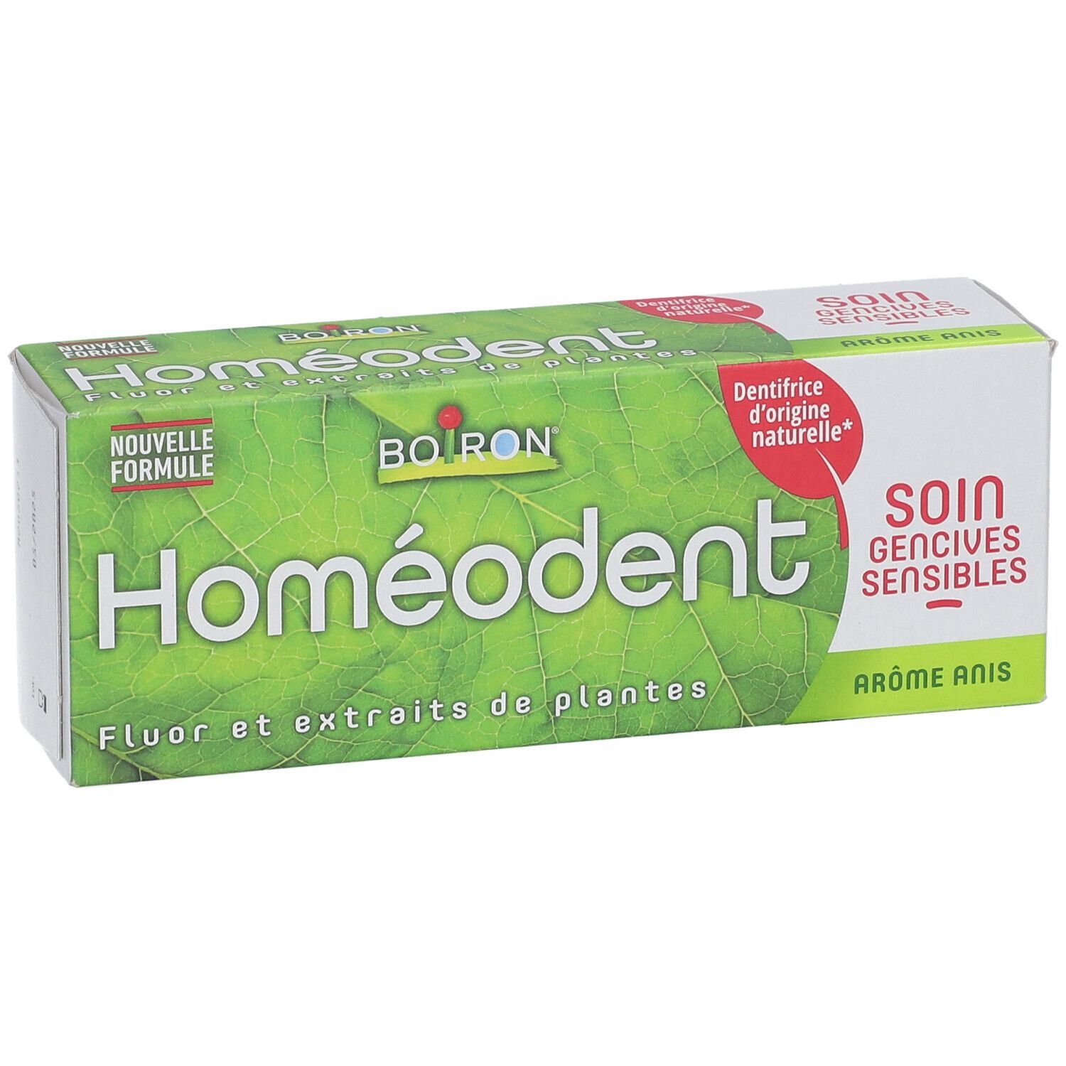 Boîte de dentifrice Homeodent. Vert avec logo Boiron. Inscription 'Fluor et extraits de plantes'. Arôme Anis.